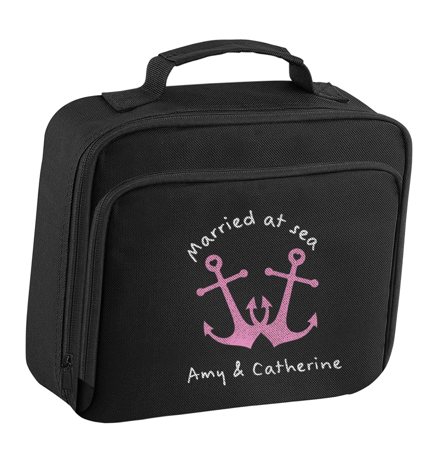 Married at sea pink anchors insulated black lunch bag cooler