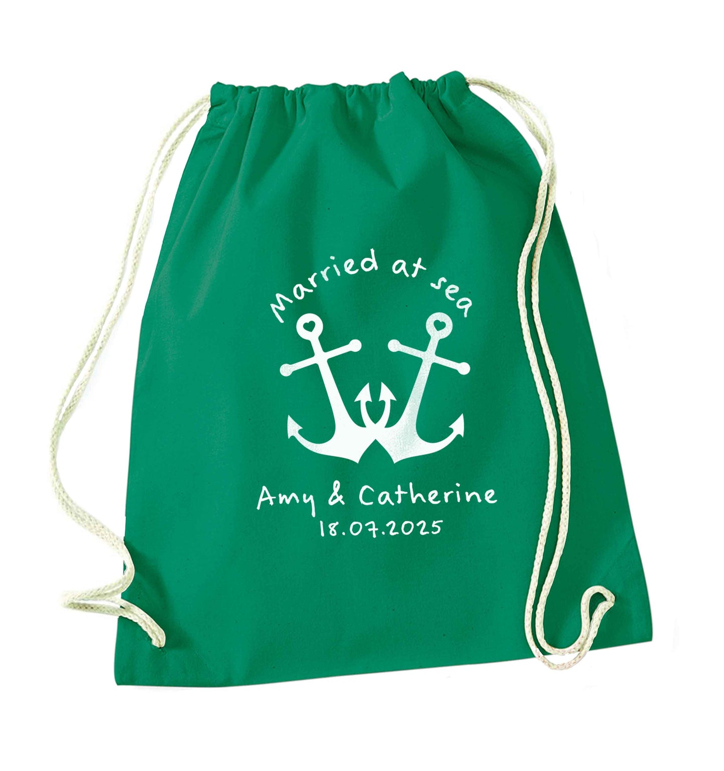 Married at sea pink anchors green drawstring bag