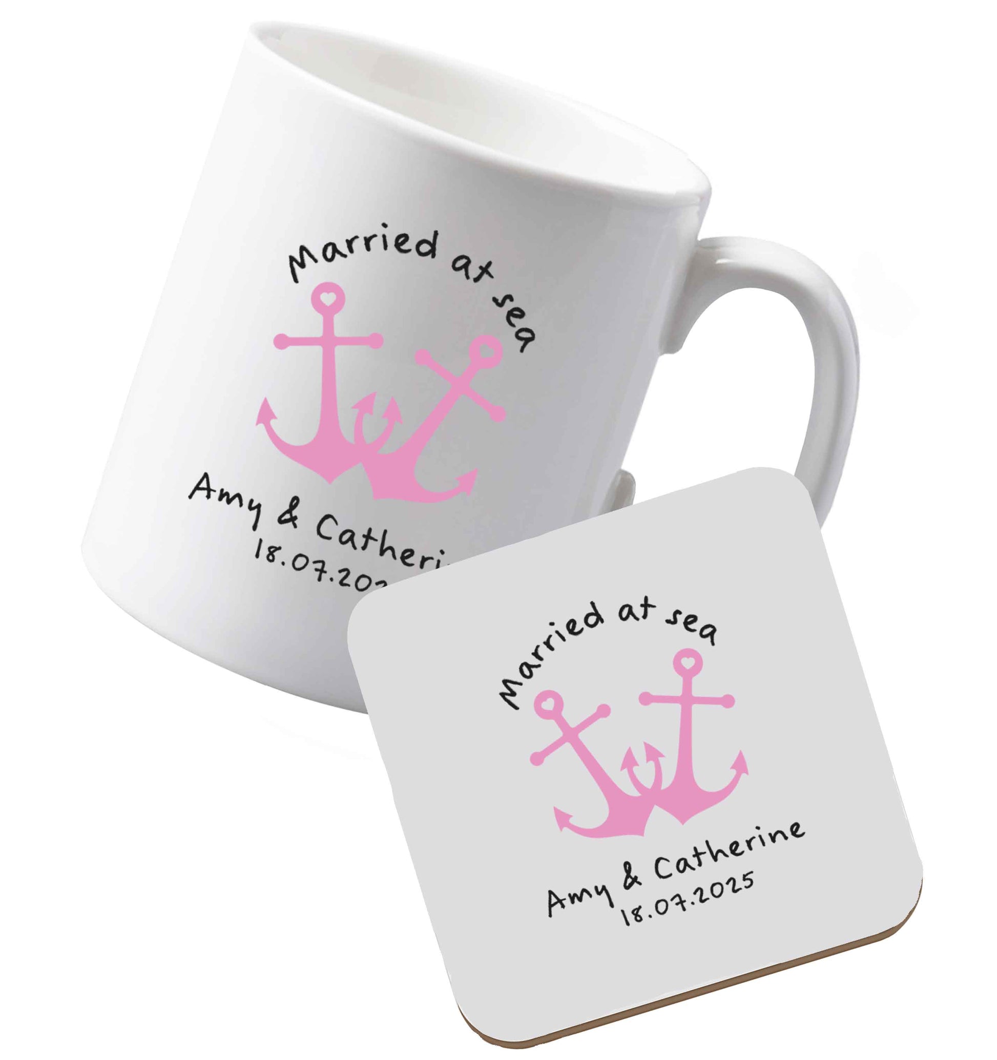10 oz Ceramic mug and coaster Married at sea pink anchors both sides