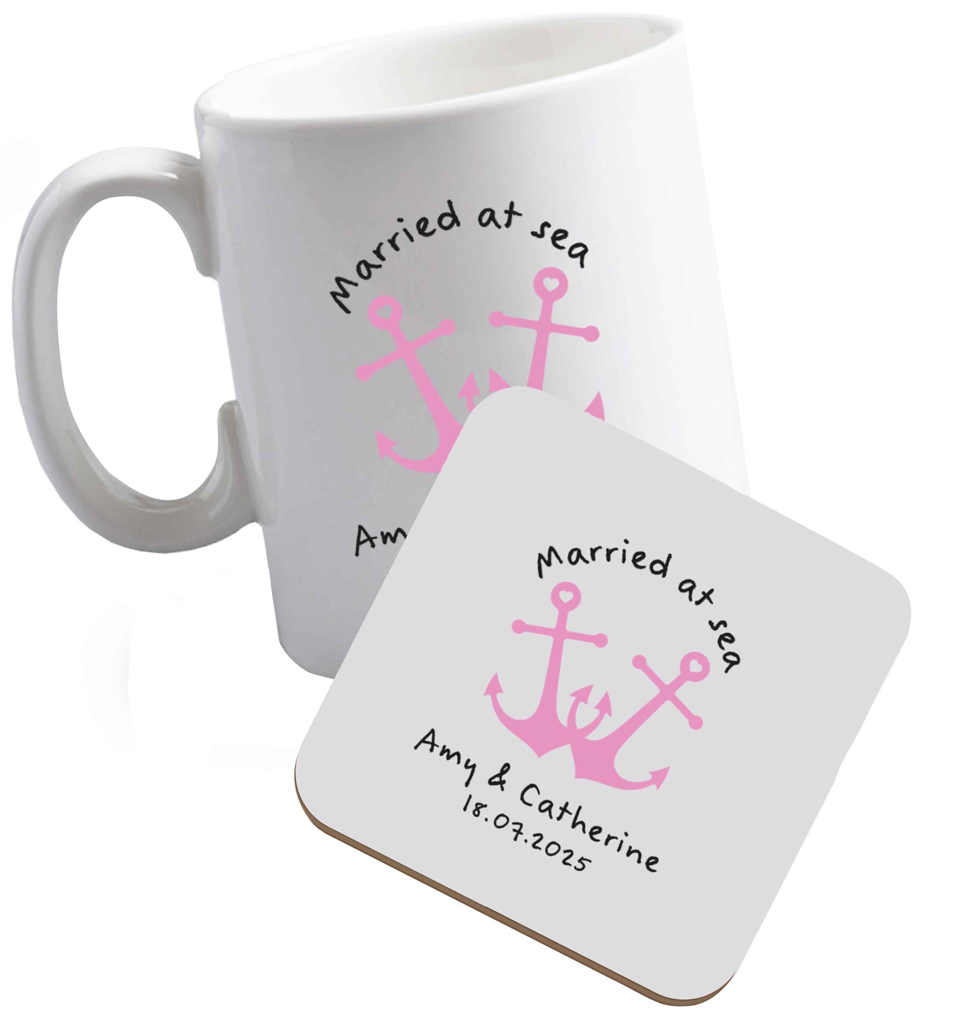 10 oz Married at sea pink anchors ceramic mug and coaster set right handed