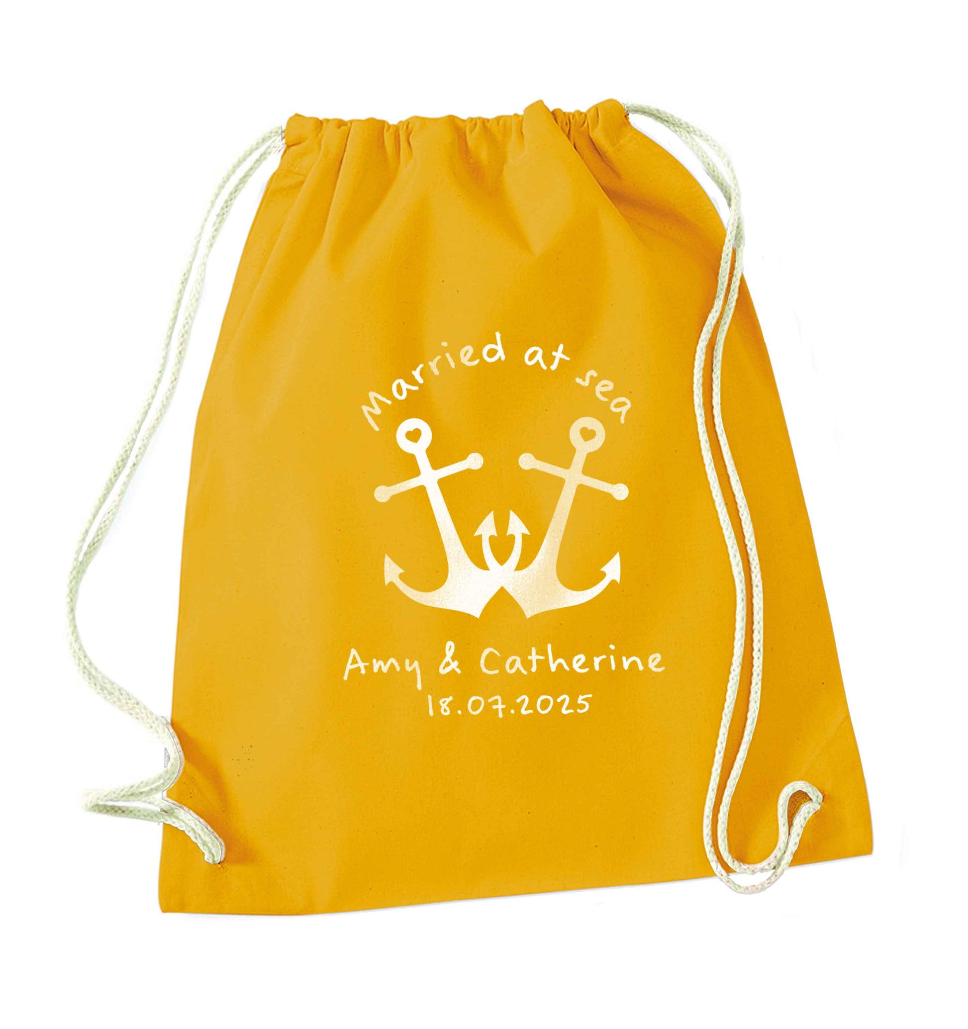 Married at sea pink anchors mustard drawstring bag
