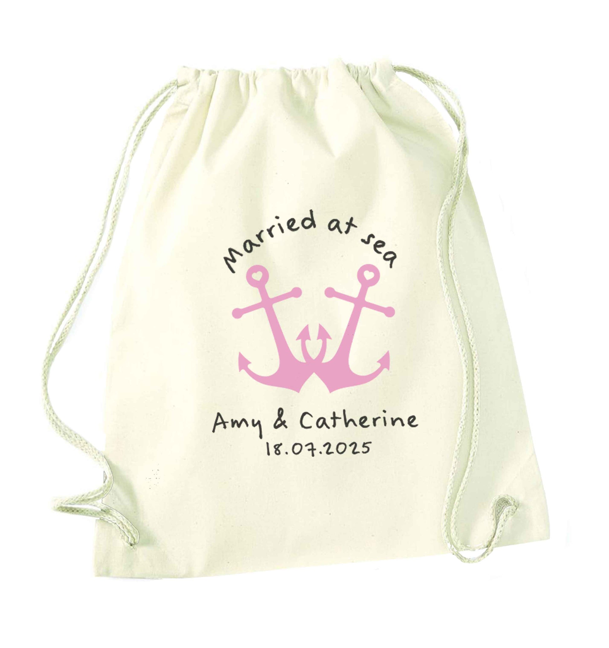 Married at sea pink anchors natural drawstring bag