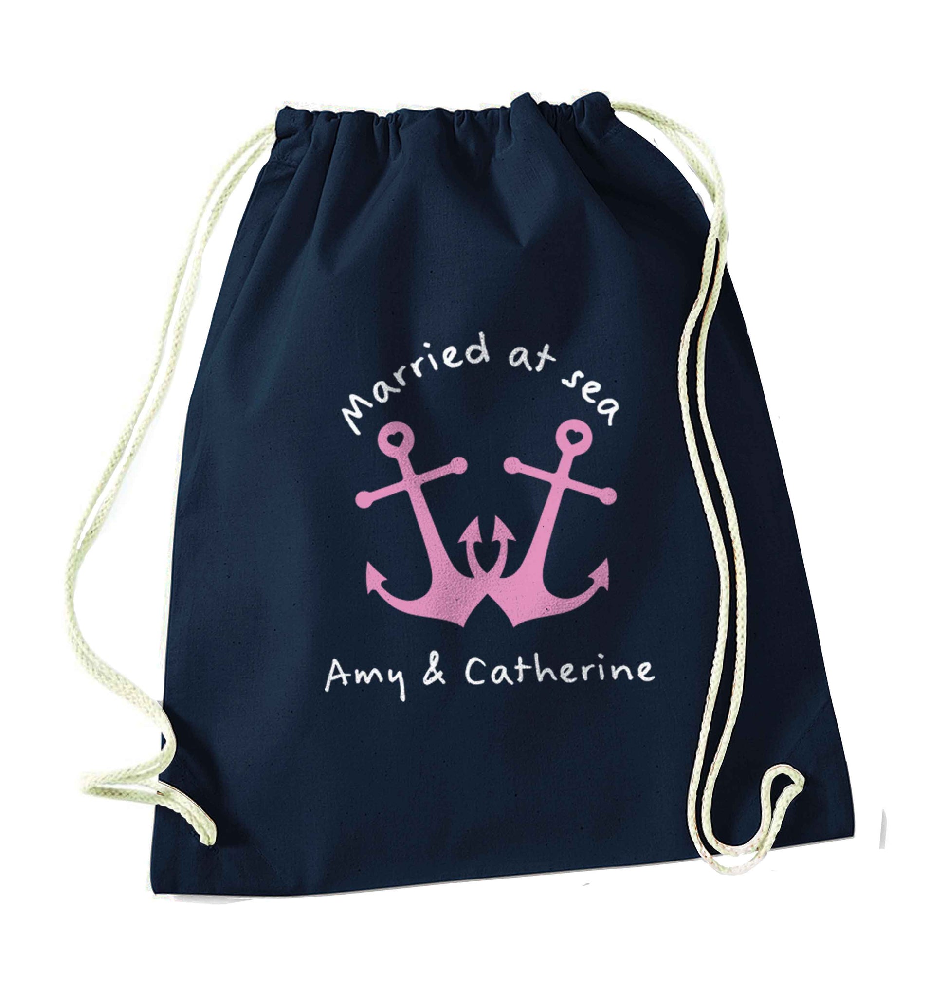 Married at sea pink anchors navy drawstring bag