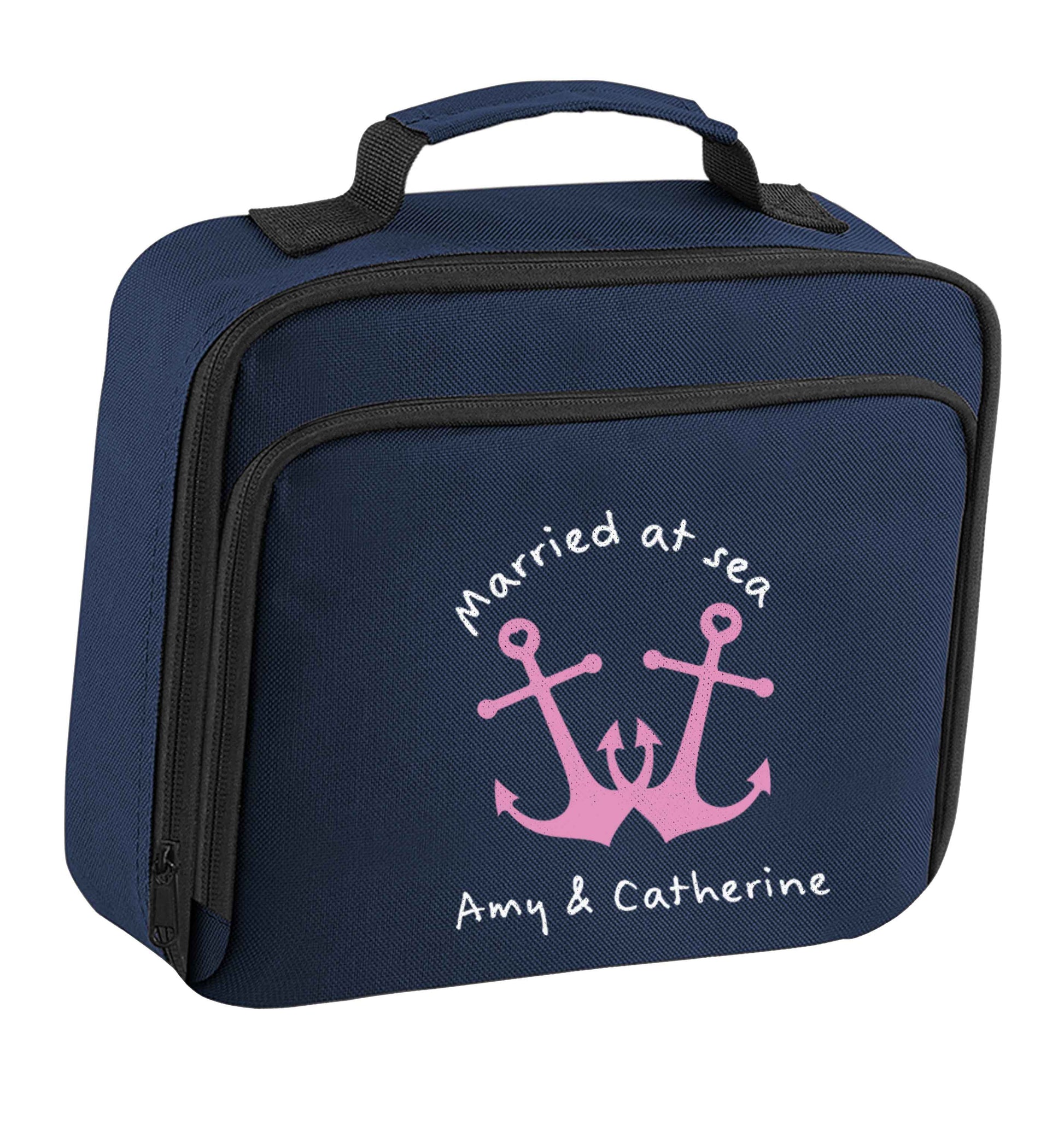 Married at sea pink anchors insulated navy lunch bag cooler