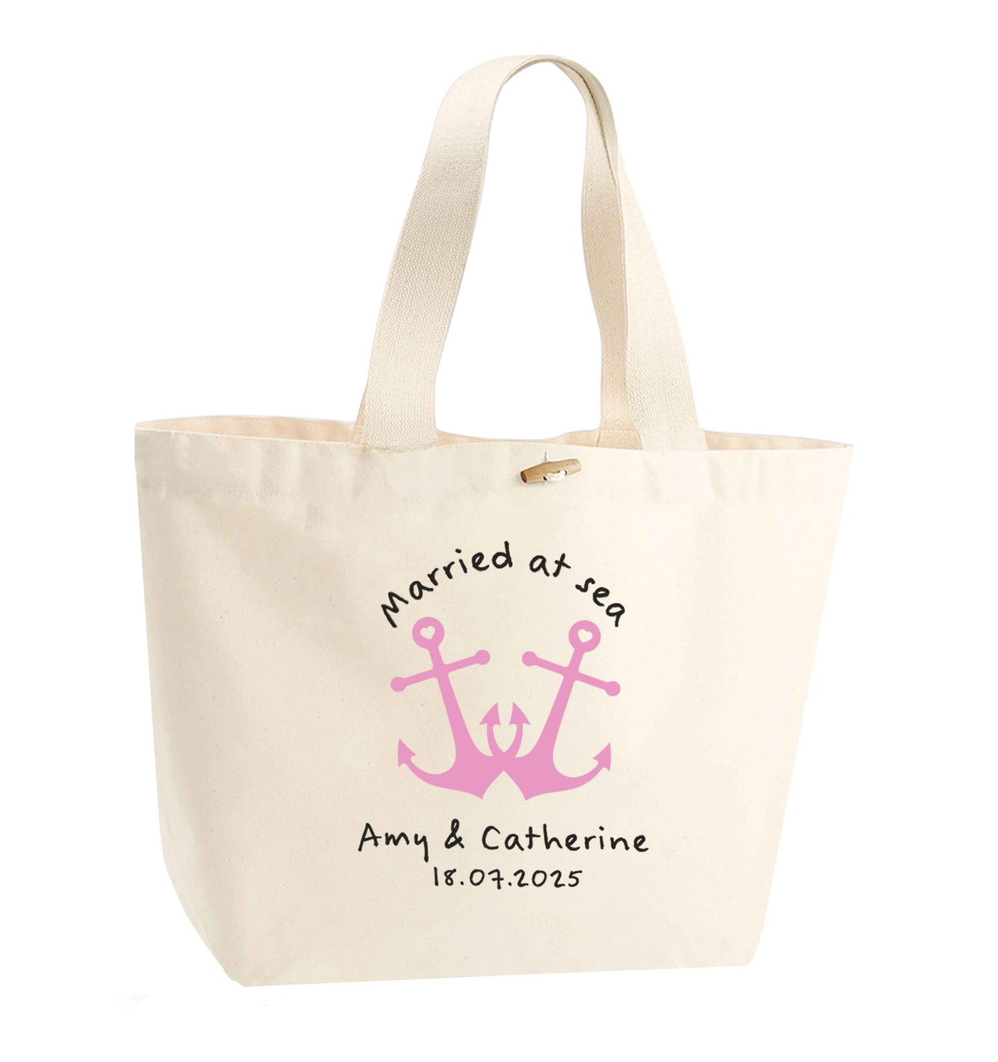 Married at sea pink anchors organic cotton premium tote bag with wooden toggle in natural
