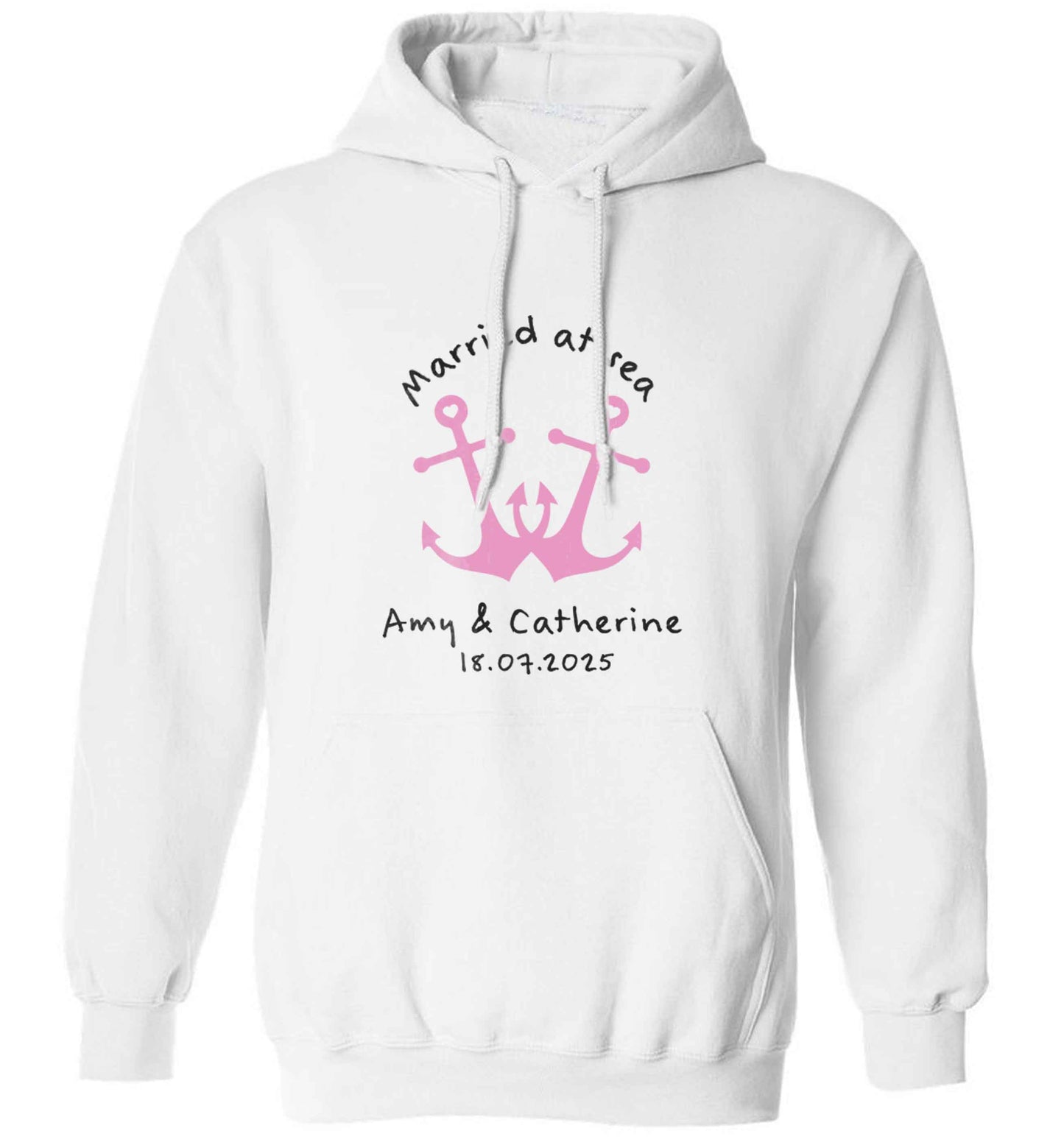 Married at sea pink anchors adults unisex white hoodie 2XL