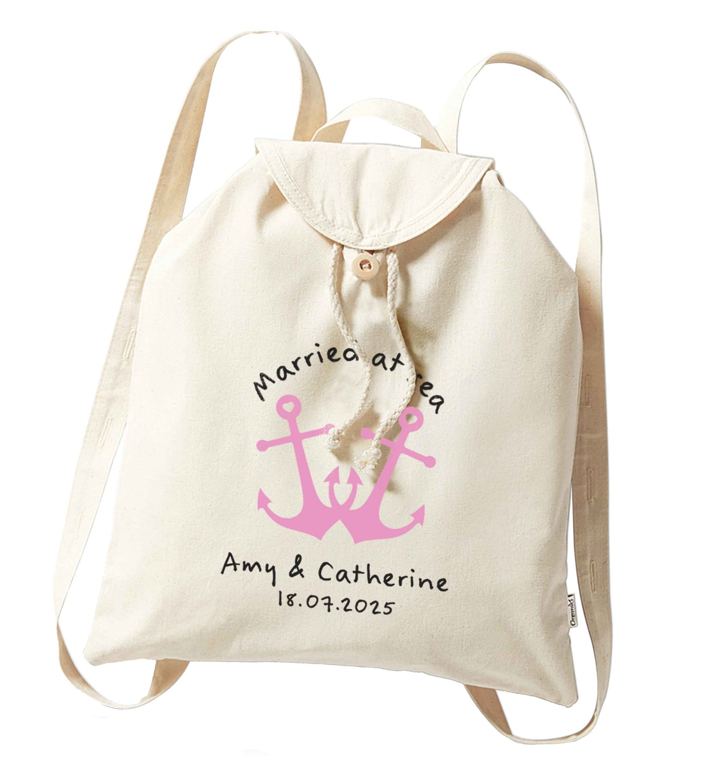 Married at sea pink anchors organic cotton backpack tote with wooden buttons in natural