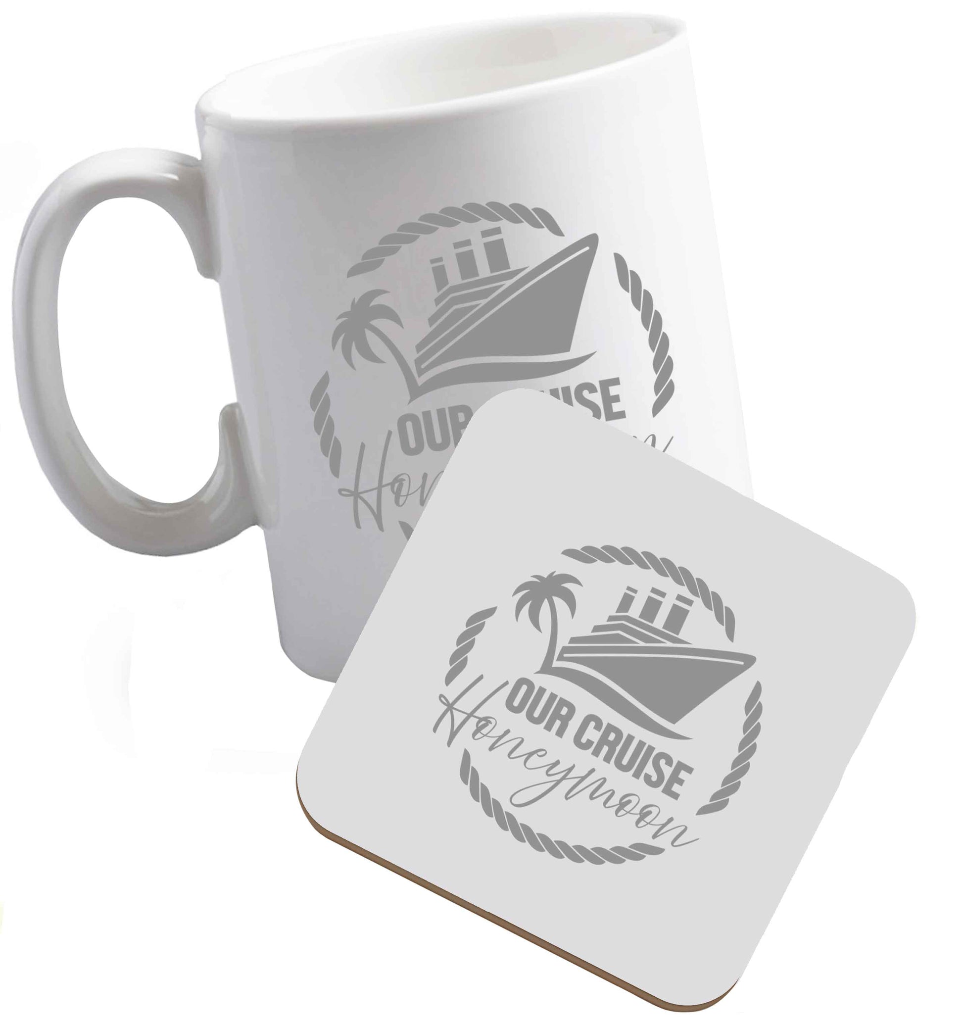 10 oz Our cruise honeymoon ceramic mug and coaster set right handed