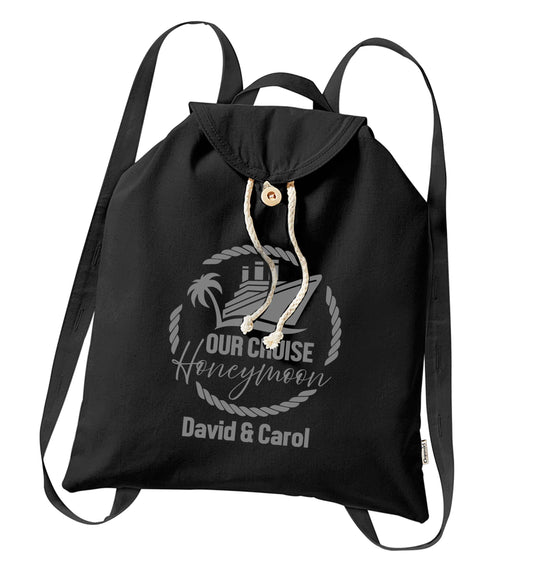 Our cruise honeymoon personalised organic cotton backpack tote with wooden buttons in black