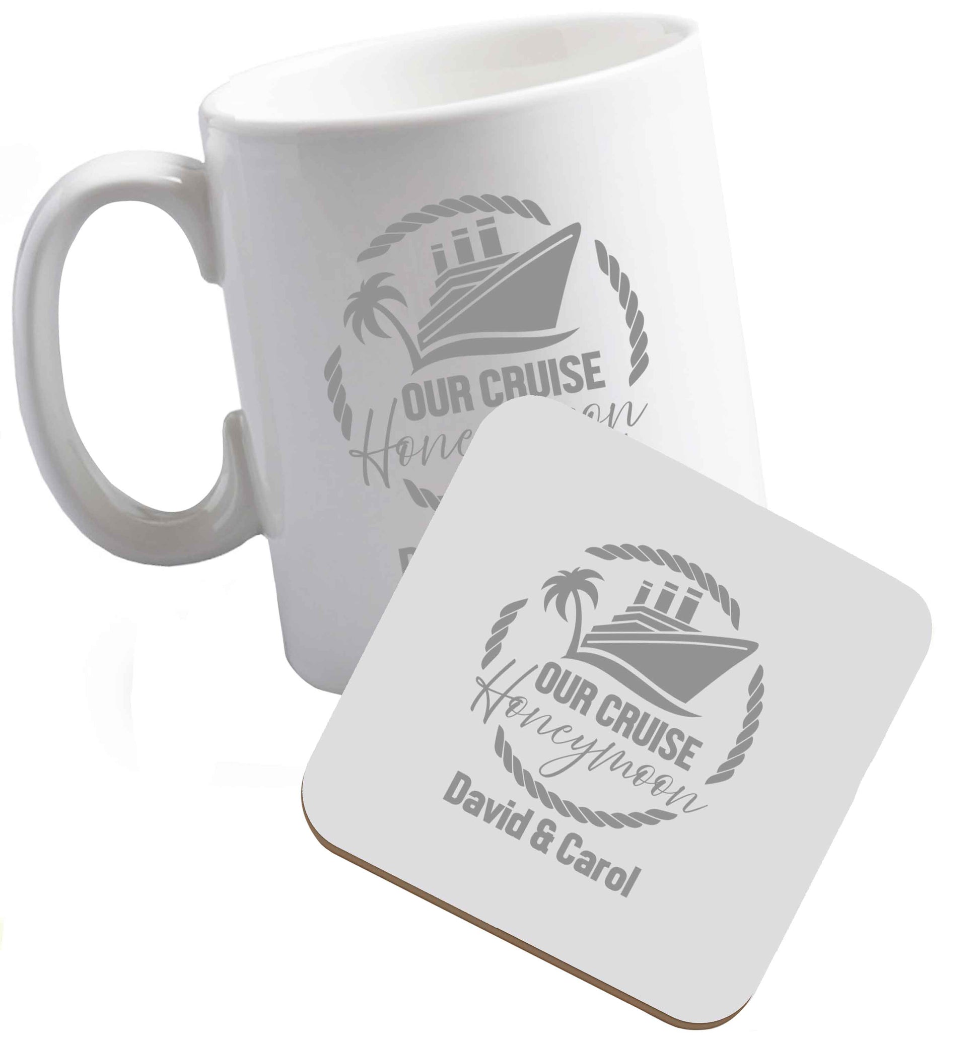 10 oz Our cruise honeymoon personalised ceramic mug and coaster set right handed