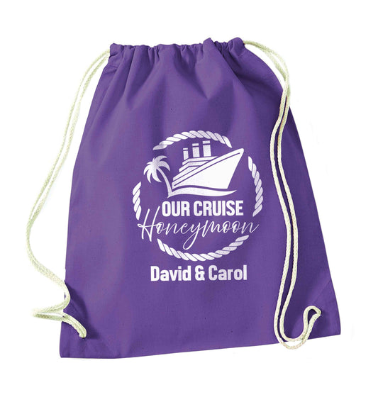 Our cruise honeymoon personalised purple drawstring bag