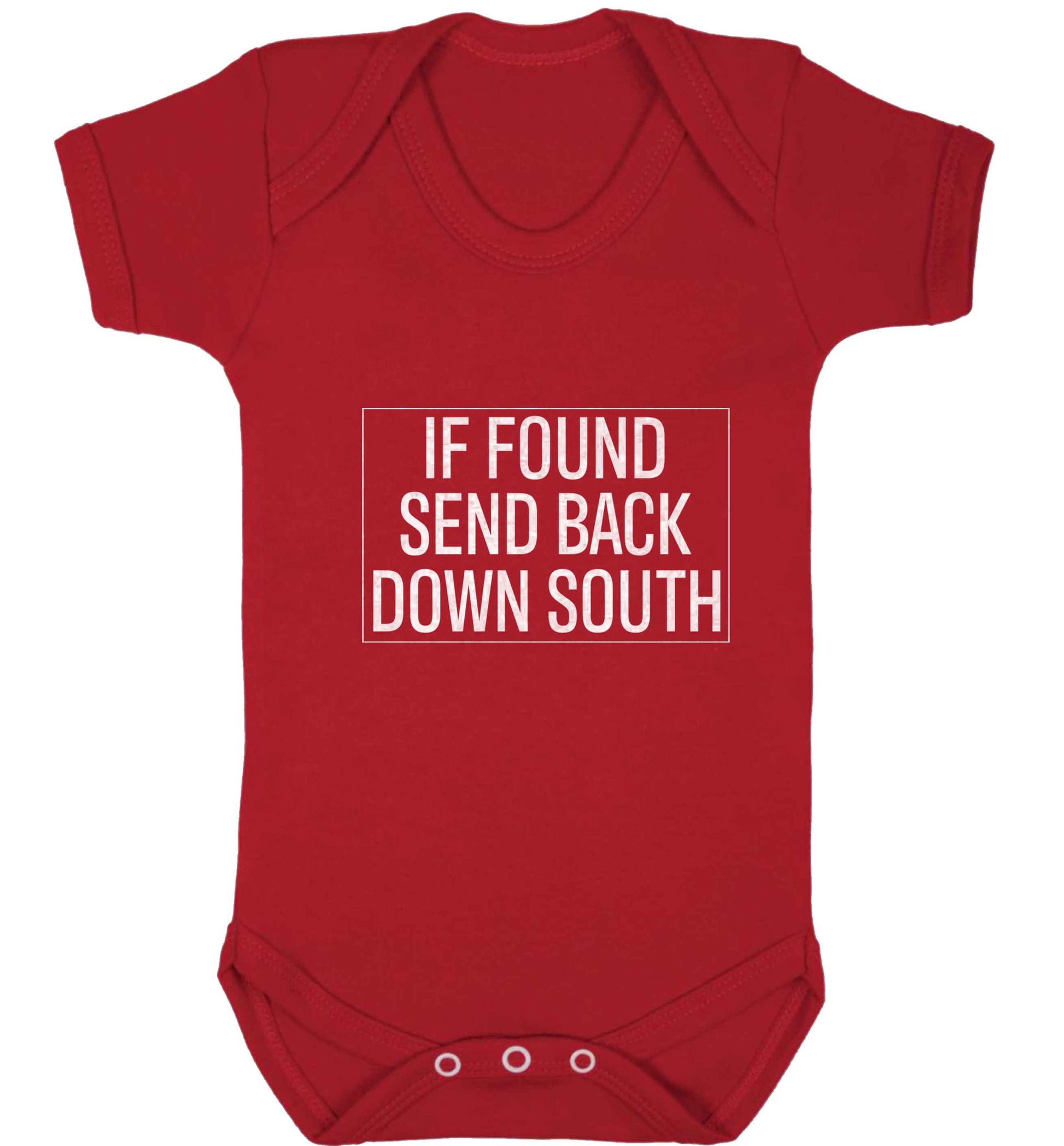 If found send back down South baby vest red 18-24 months