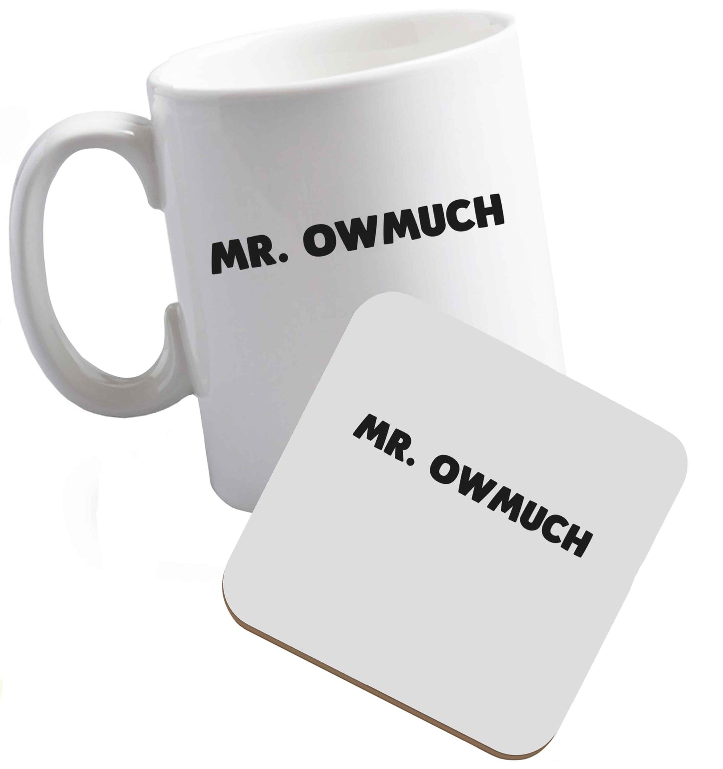 10 oz Mr owmuch ceramic mug and coaster set right handed