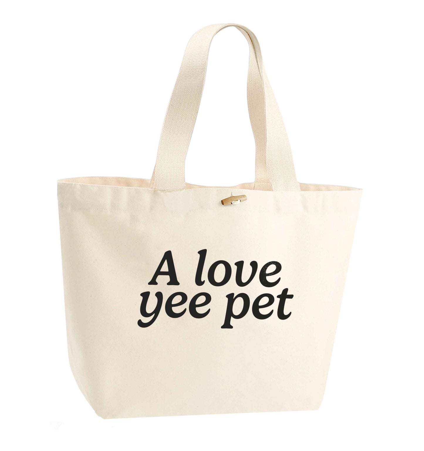 A love yee pet organic cotton premium tote bag with wooden toggle in natural
