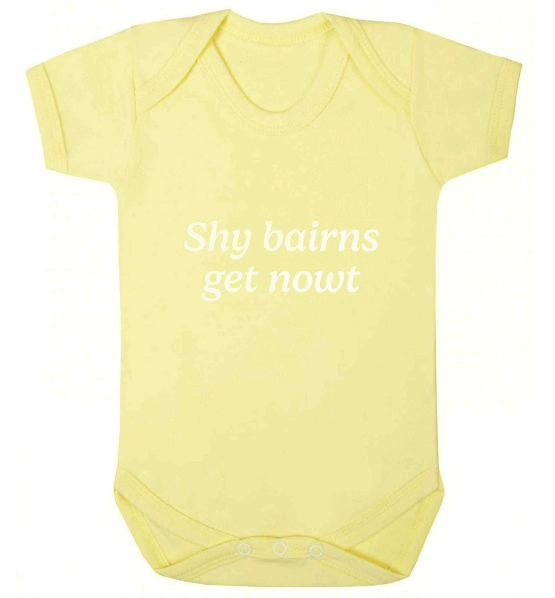 Shy bairns get nowt baby vest pale yellow 18-24 months