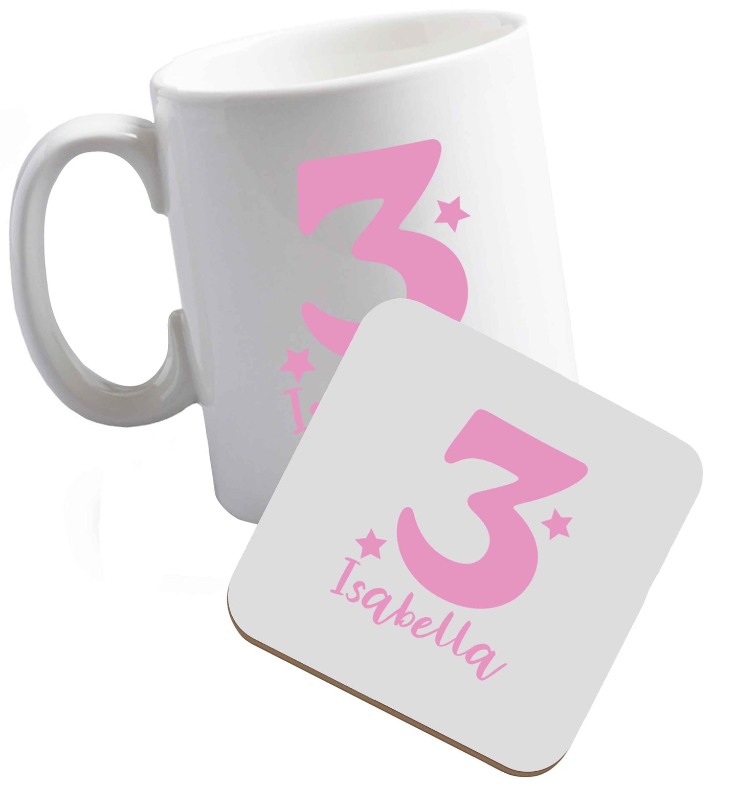 10 oz Any age, any name personalised birthday ceramic mug and coaster set right handed
