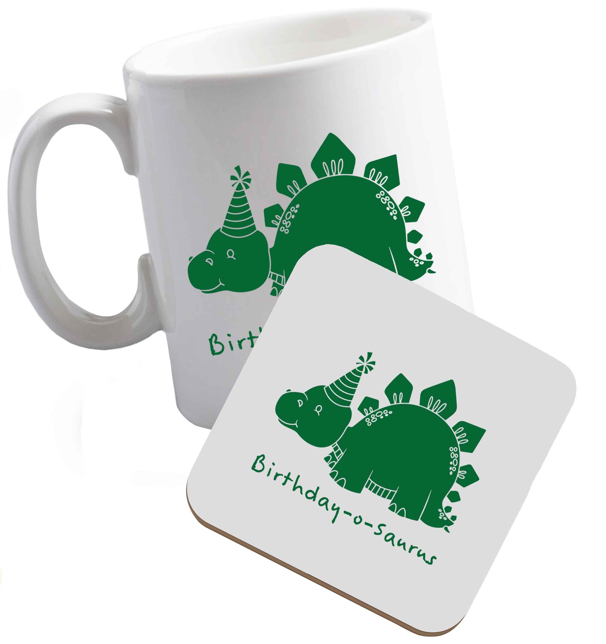 10 oz Birthday-o-saurus ceramic mug and coaster set right handed