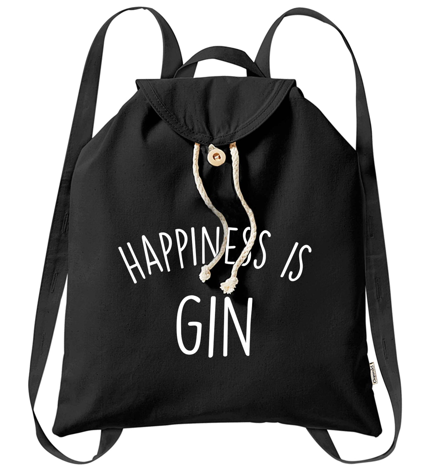 Happiness is gin organic cotton backpack tote with wooden buttons in black