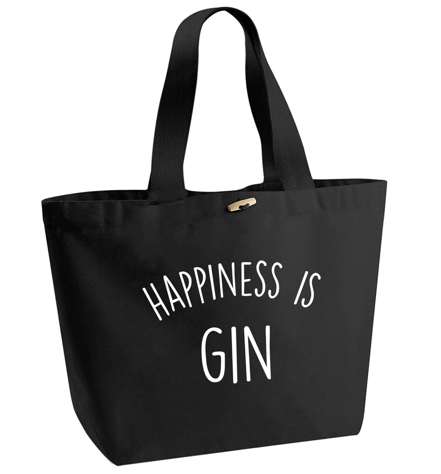 Happiness is gin organic cotton premium tote bag with wooden toggle in black