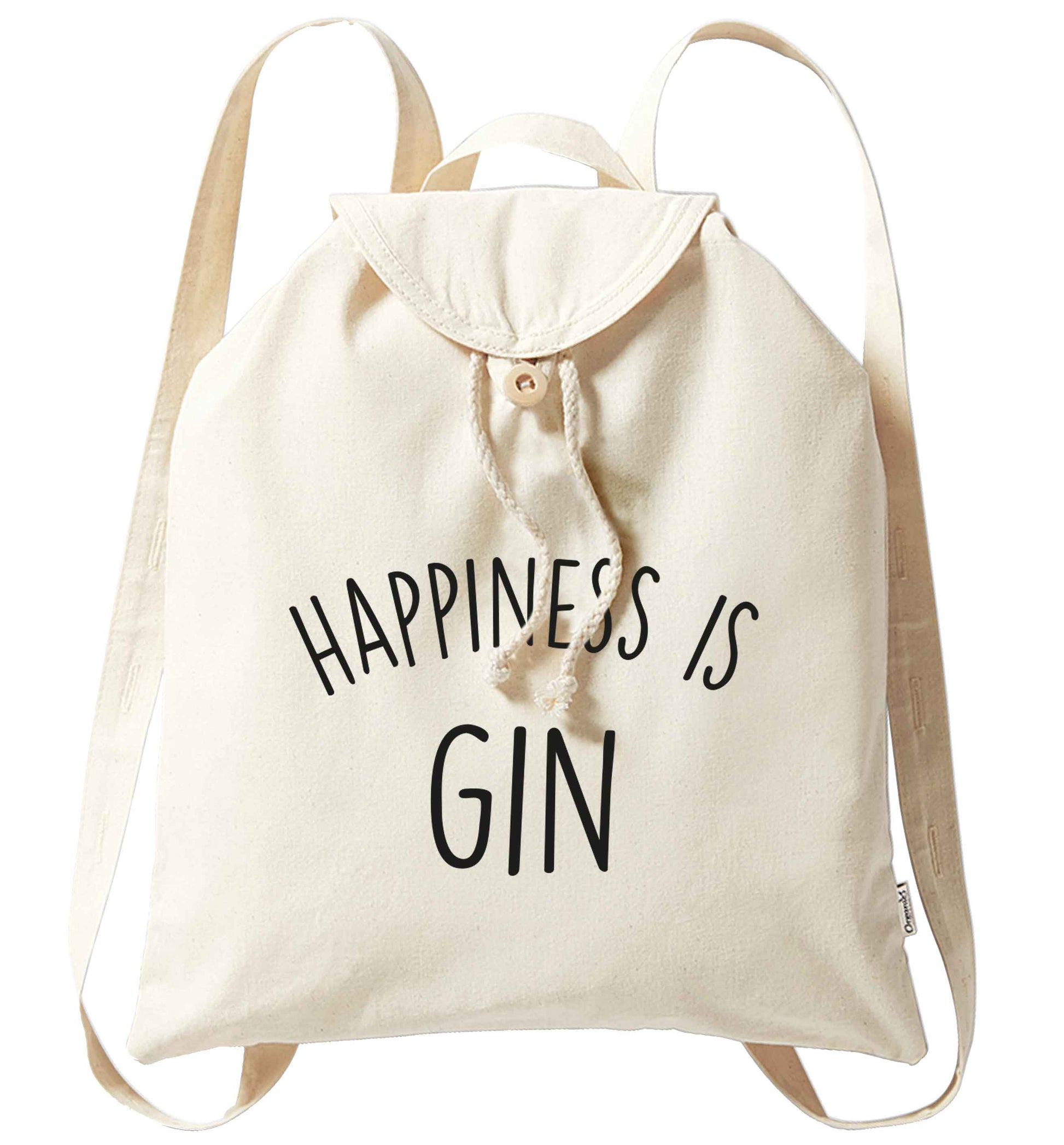 Happiness is gin organic cotton backpack tote with wooden buttons in natural
