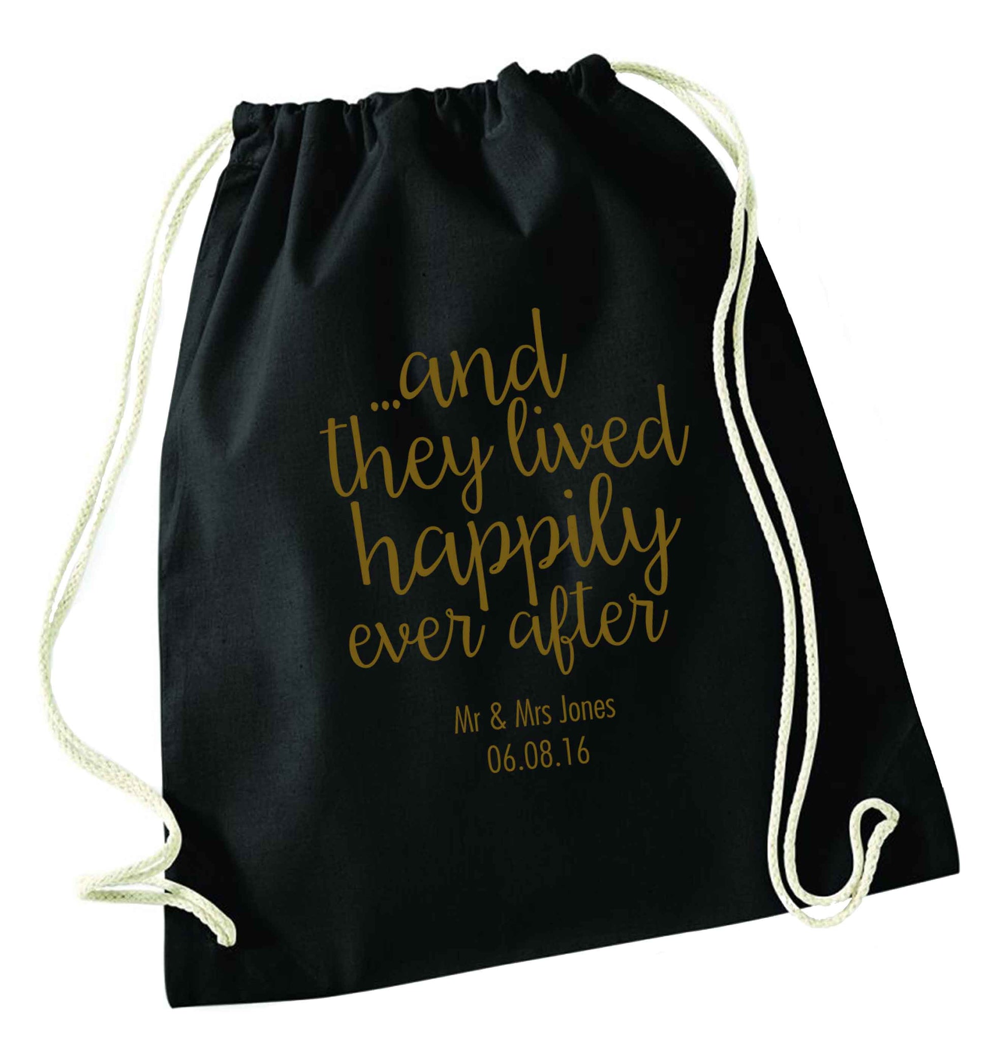 ...and they lived happily ever after - personalised date and names black drawstring bag