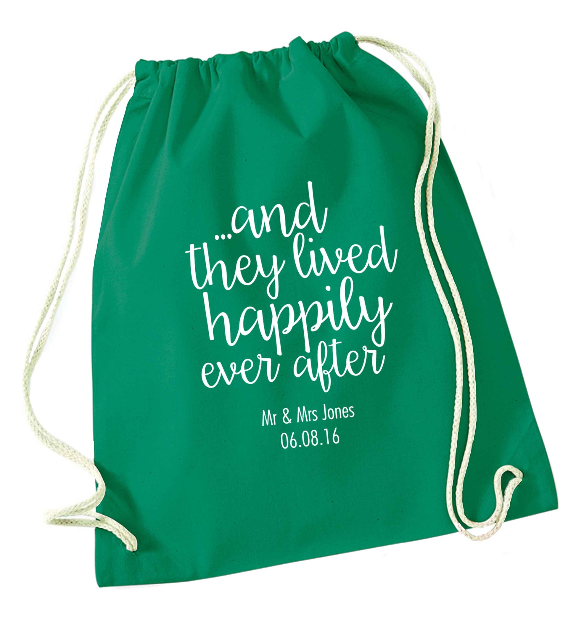 ...and they lived happily ever after - personalised date and names green drawstring bag