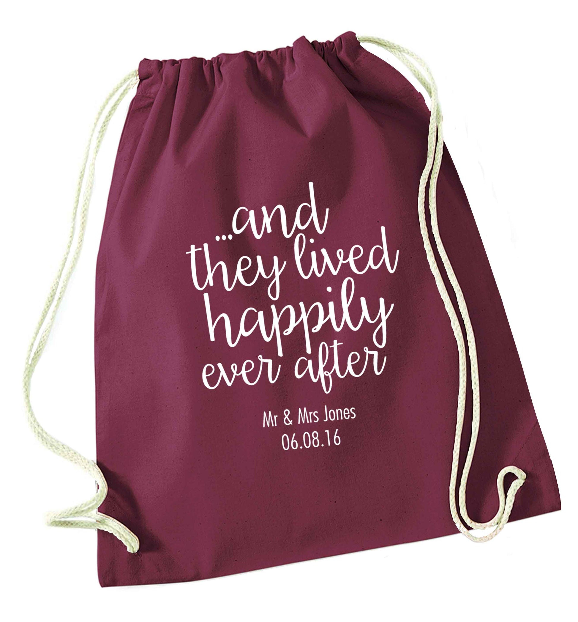 ...and they lived happily ever after - personalised date and names maroon drawstring bag