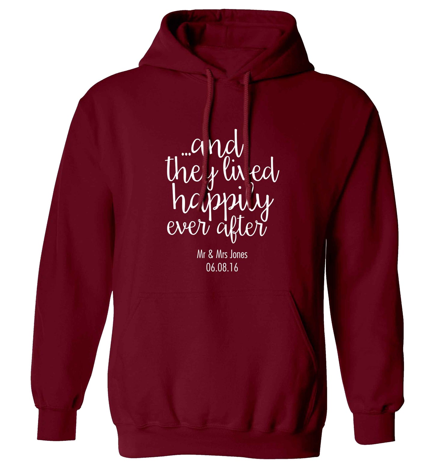 ...and they lived happily ever after - personalised date and names adults unisex maroon hoodie 2XL