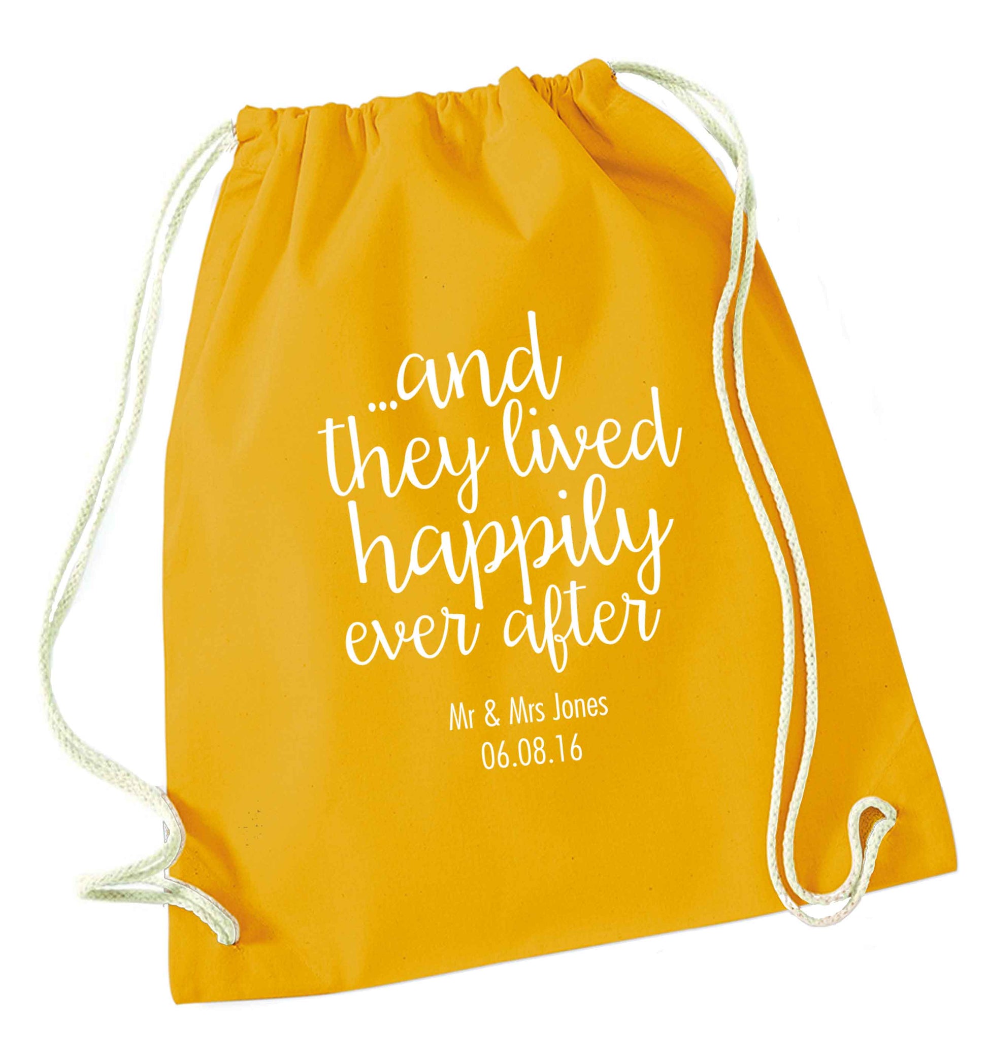...and they lived happily ever after - personalised date and names mustard drawstring bag