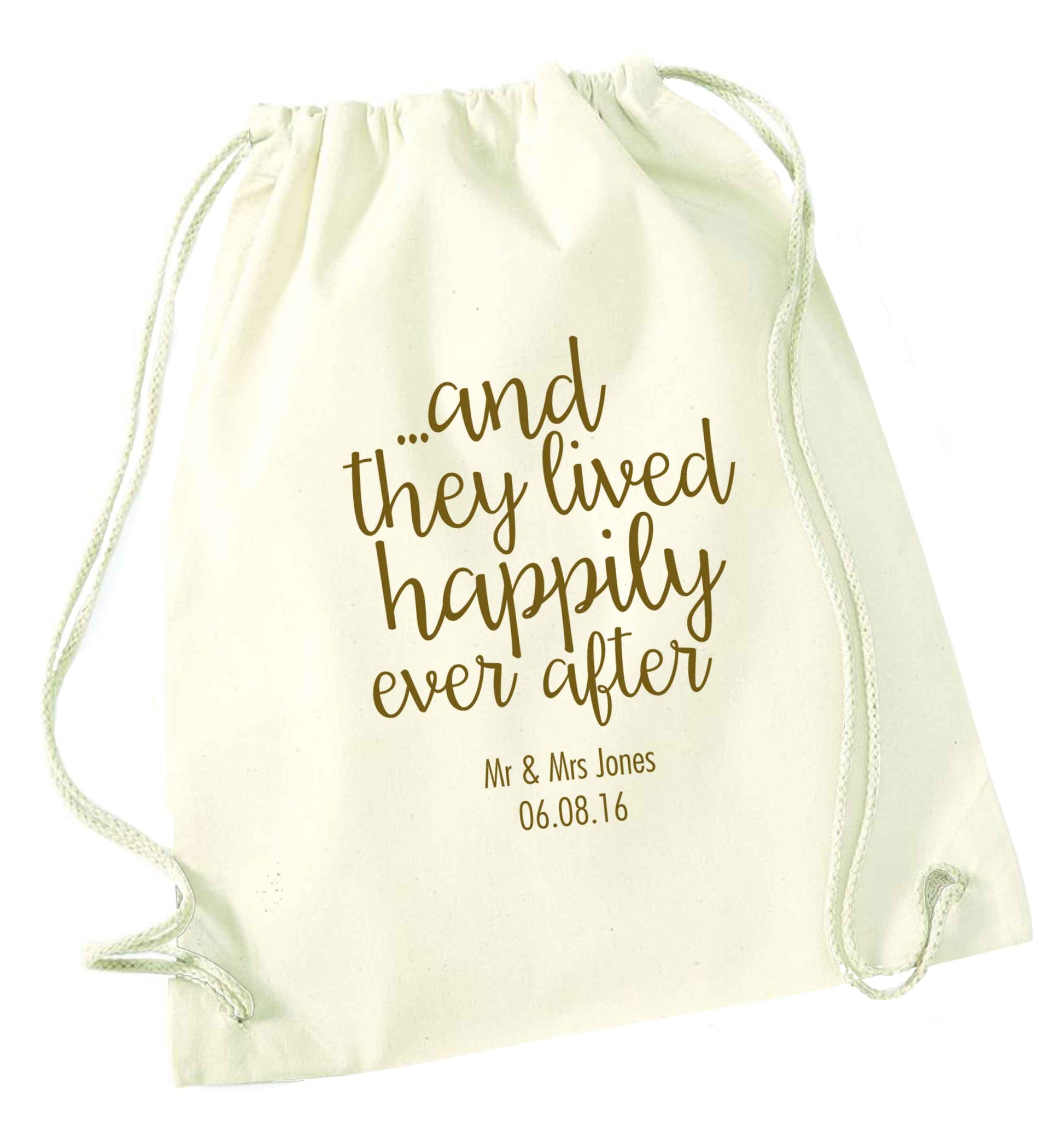 ...and they lived happily ever after - personalised date and names natural drawstring bag