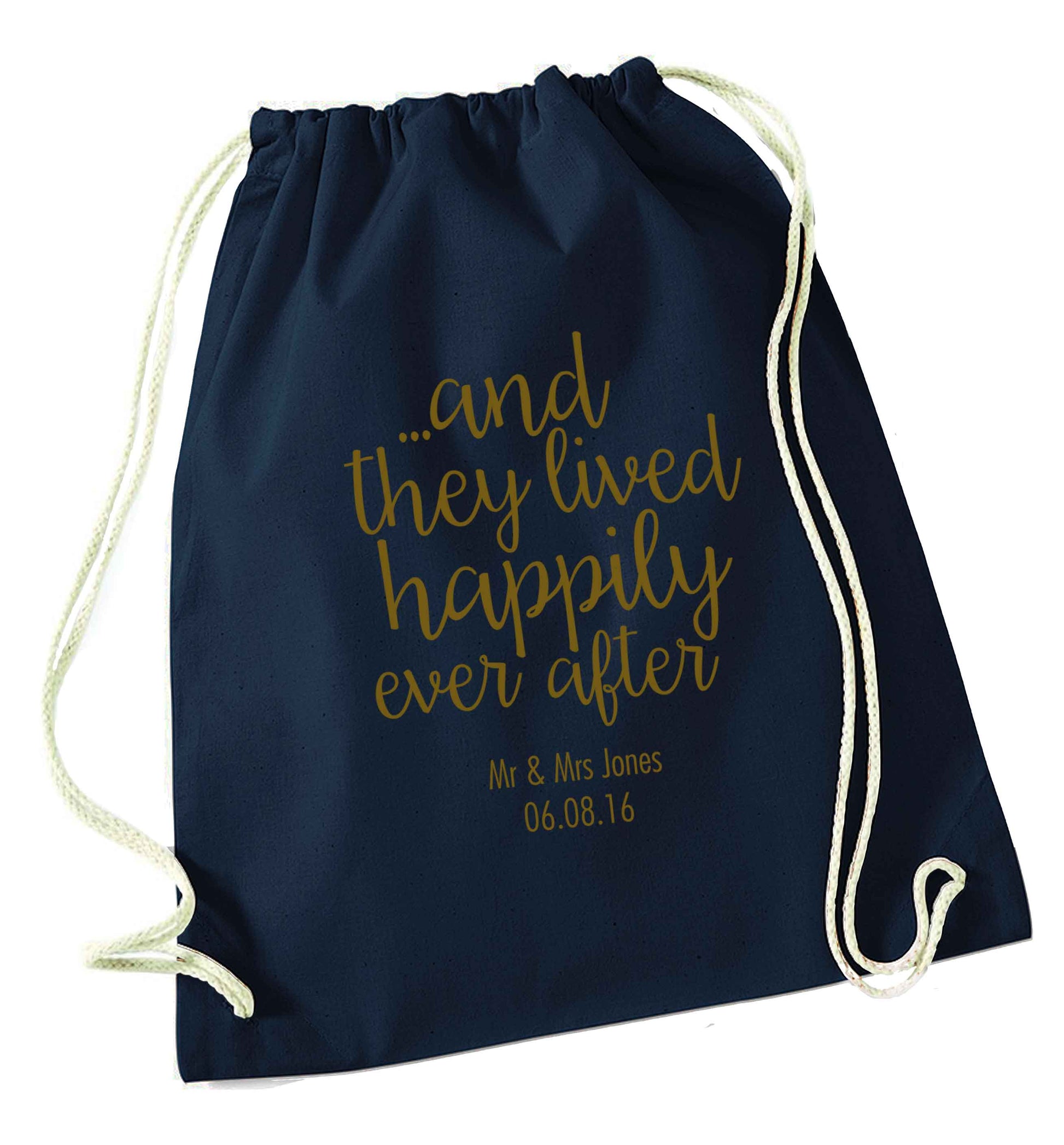 ...and they lived happily ever after - personalised date and names navy drawstring bag