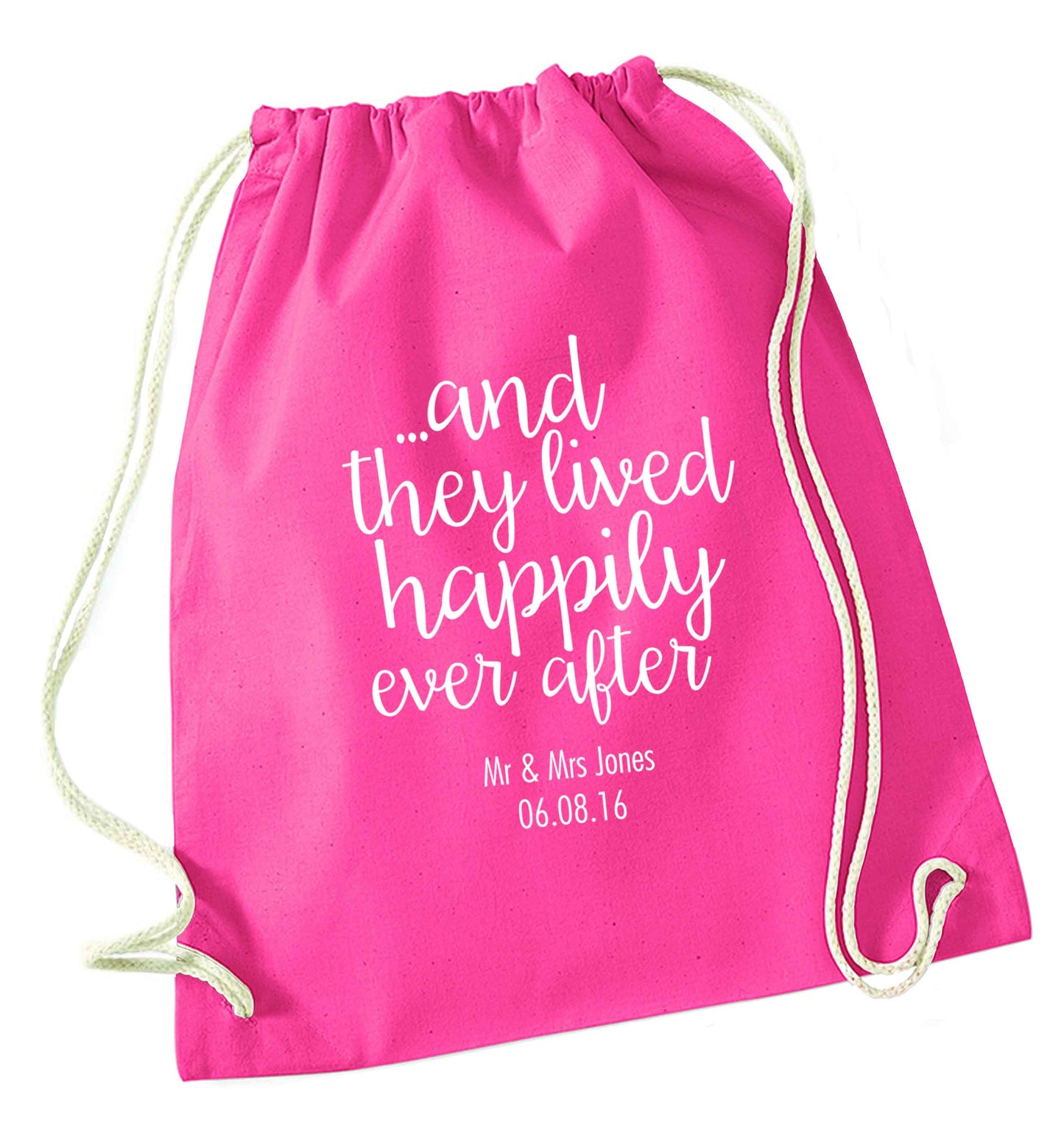 ...and they lived happily ever after - personalised date and names pink drawstring bag
