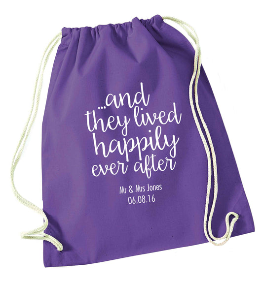 ...and they lived happily ever after - personalised date and names purple drawstring bag
