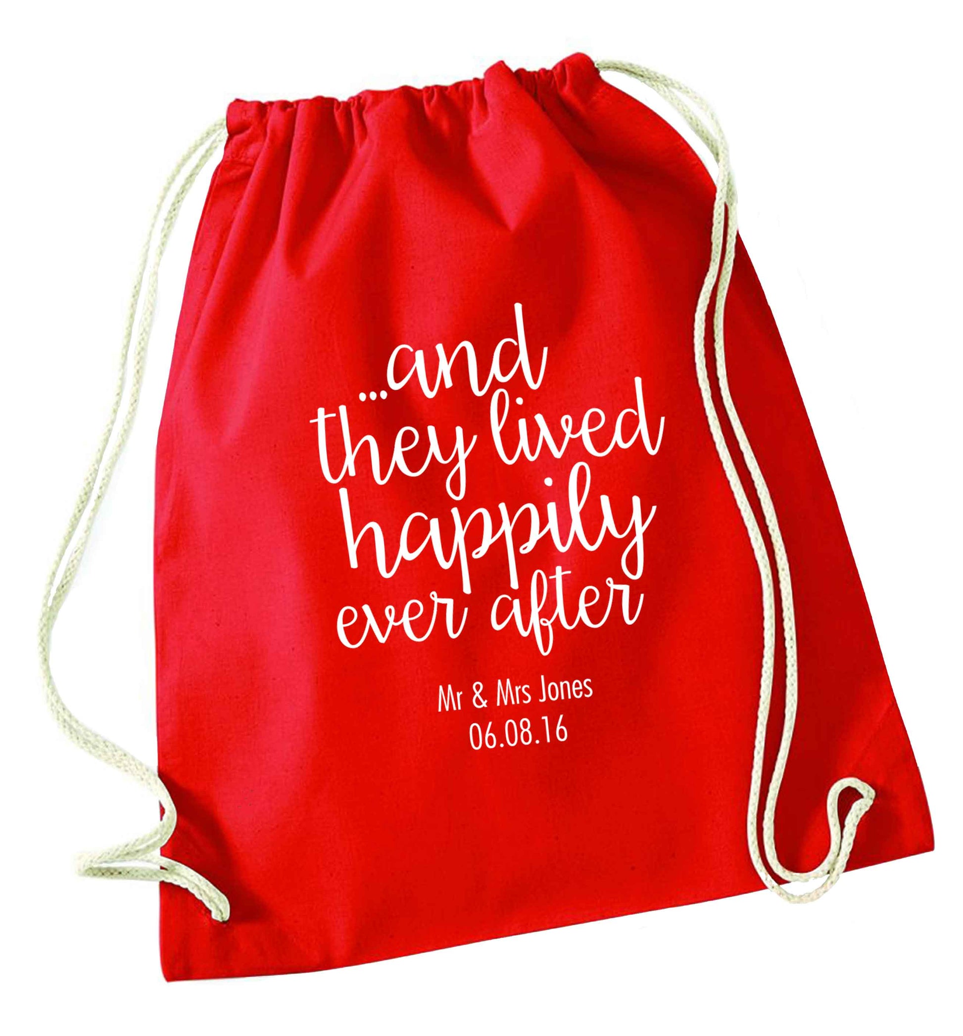 ...and they lived happily ever after - personalised date and names red drawstring bag 