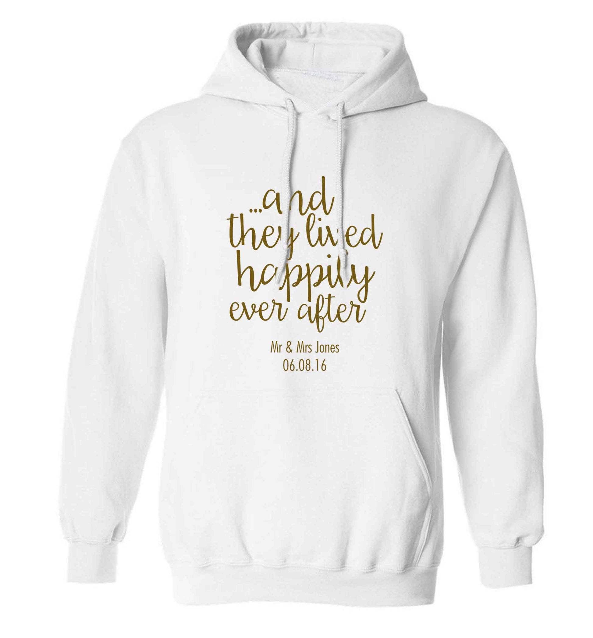 ...and they lived happily ever after - personalised date and names adults unisex white hoodie 2XL