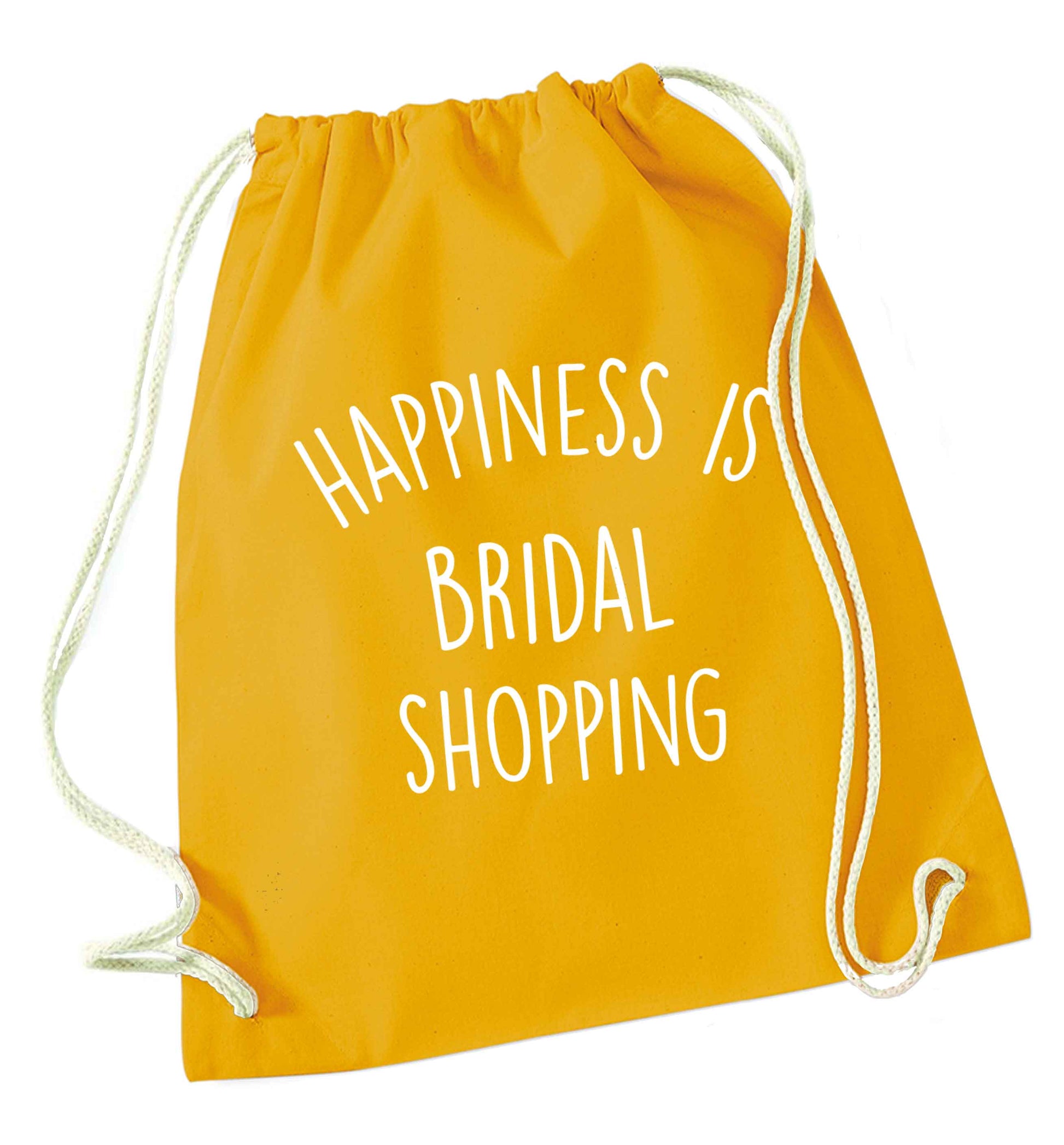 Happiness is bridal shopping mustard drawstring bag