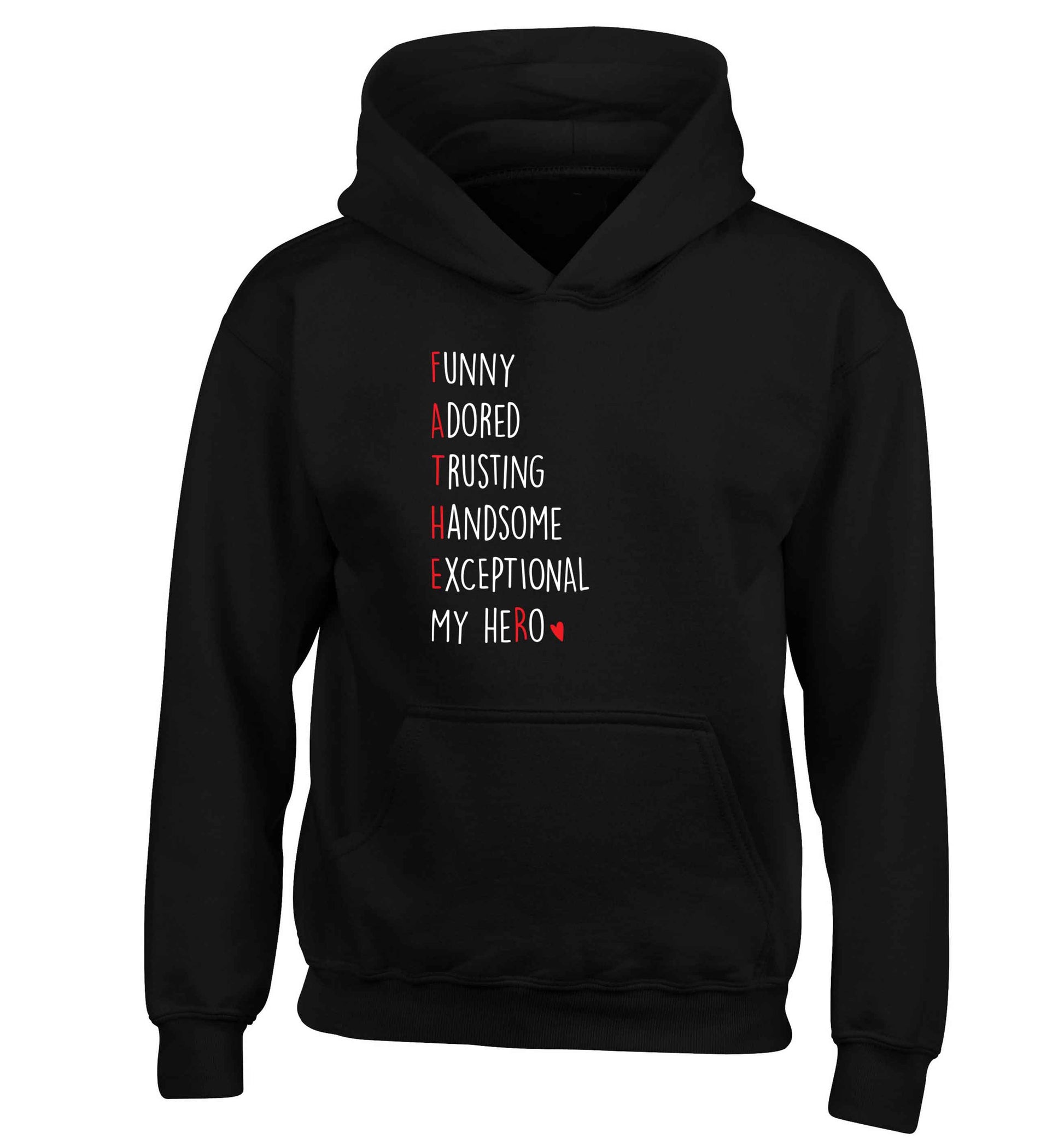 Father, funny adored trusting handsome exceptional my hero children's black hoodie 12-13 Years