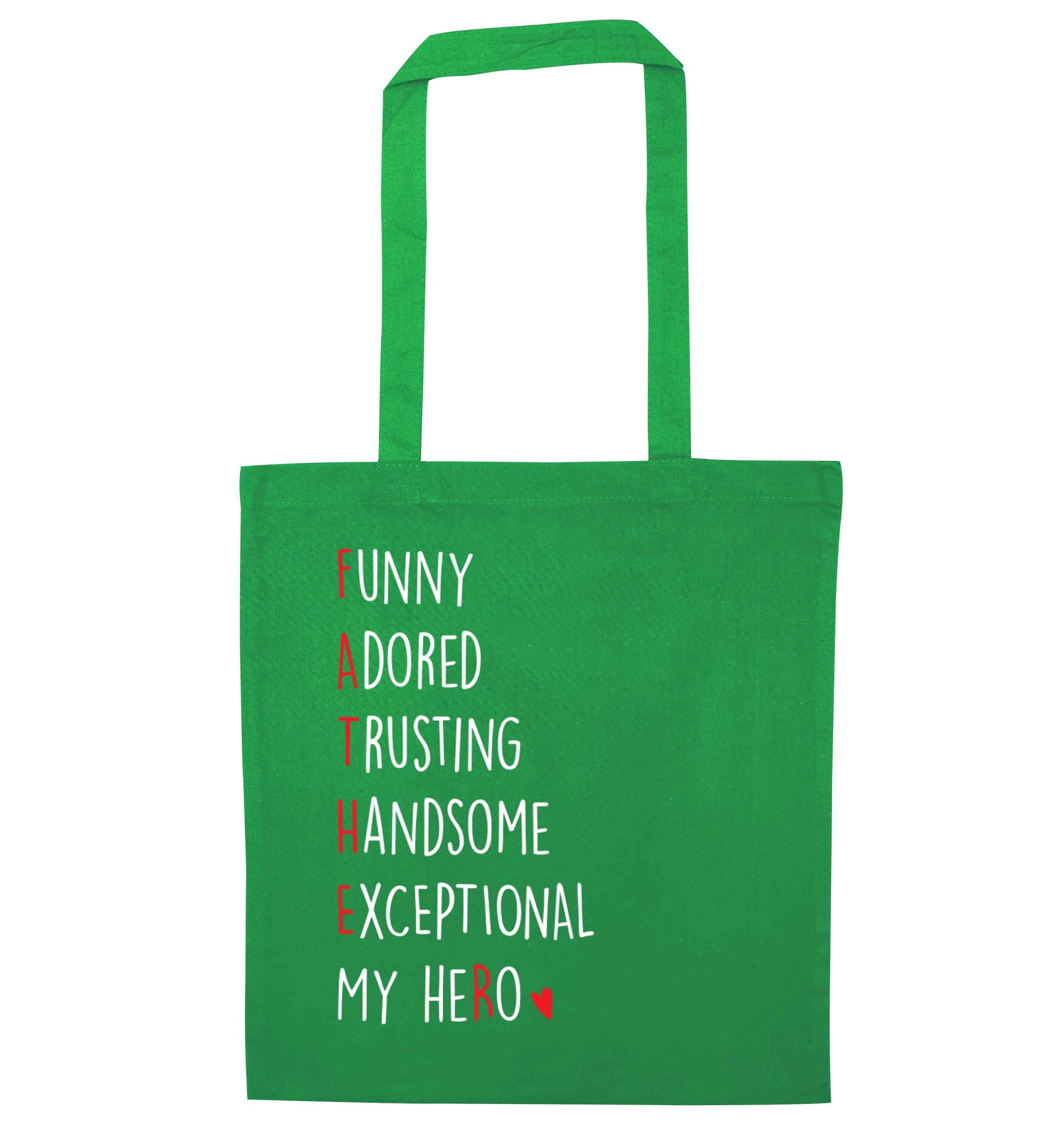 Father meaning hero acrostic poem green tote bag