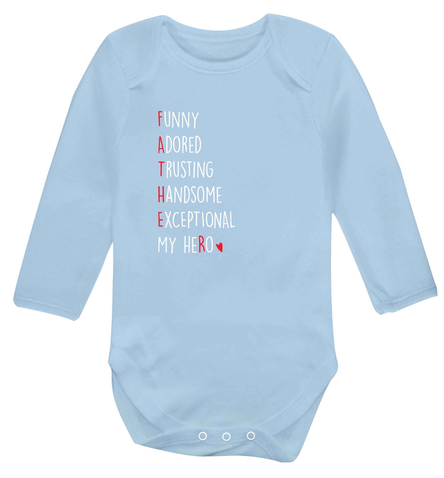 Father meaning hero acrostic poem baby vest long sleeved pale blue 6-12 months