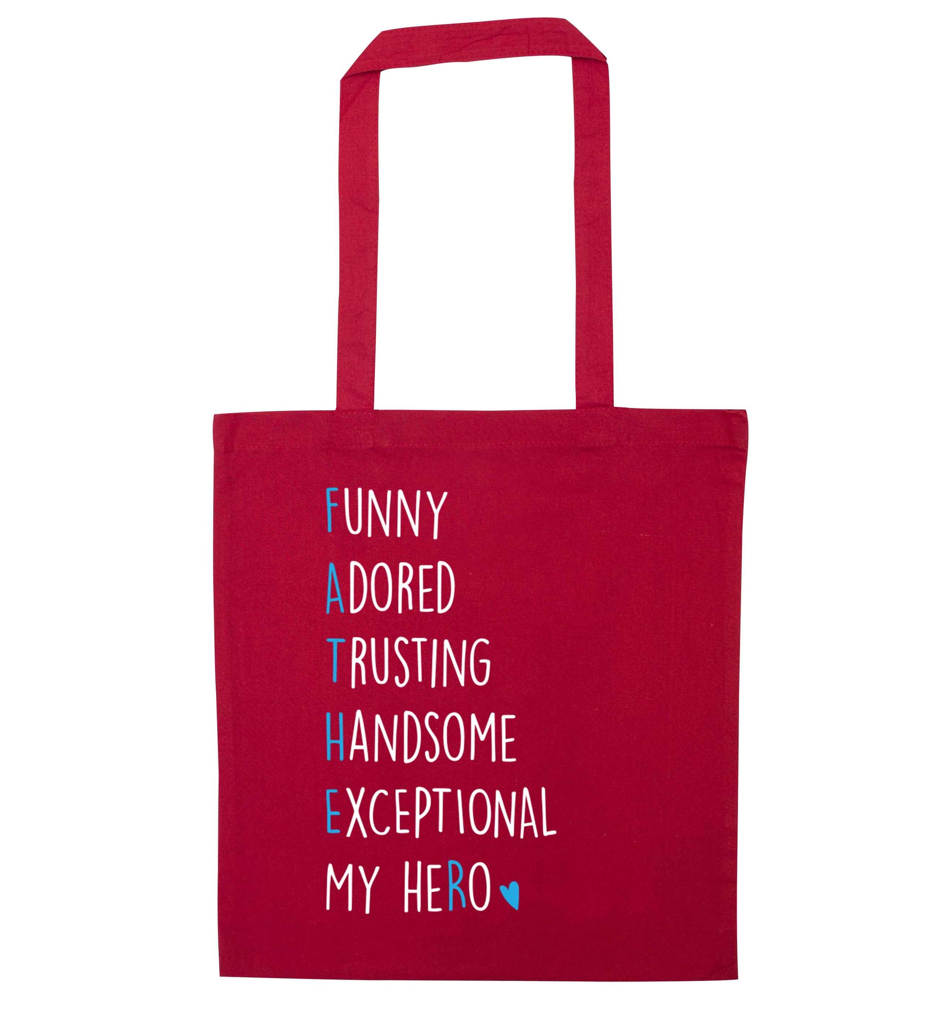 Father meaning hero acrostic poem red tote bag
