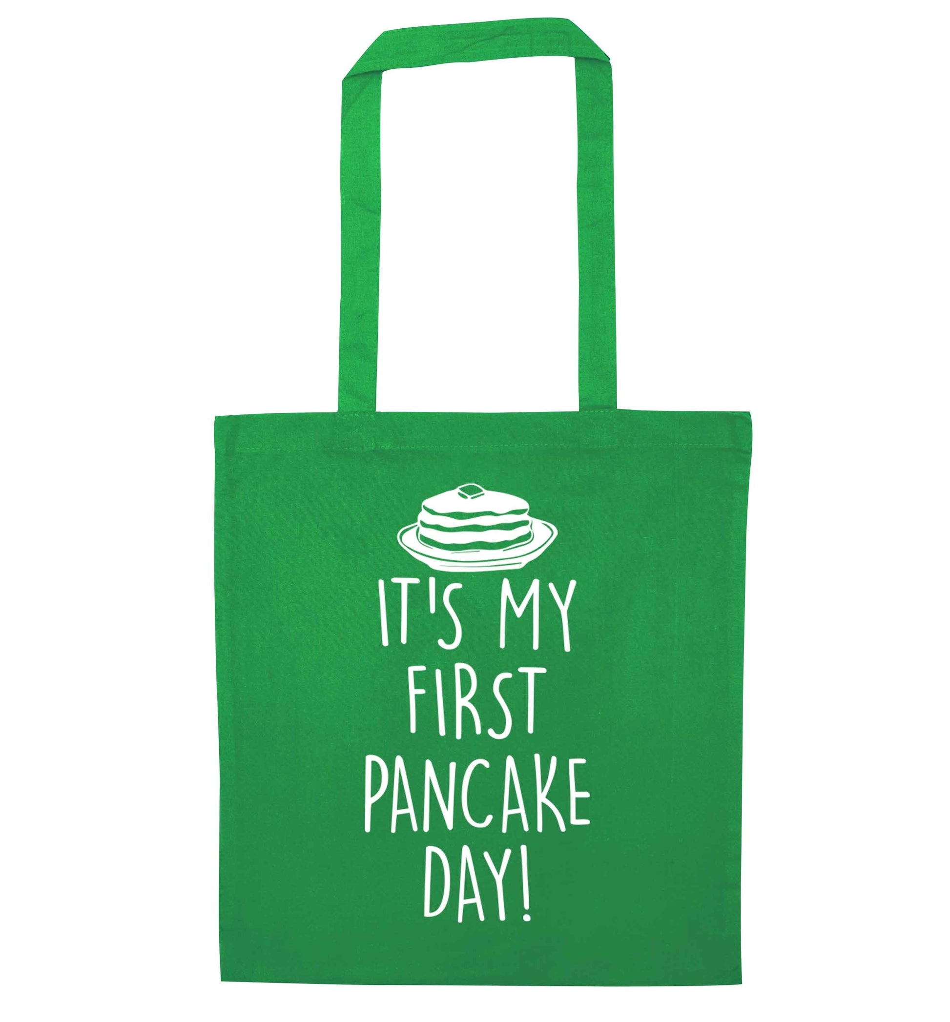 It's my first pancake day green tote bag