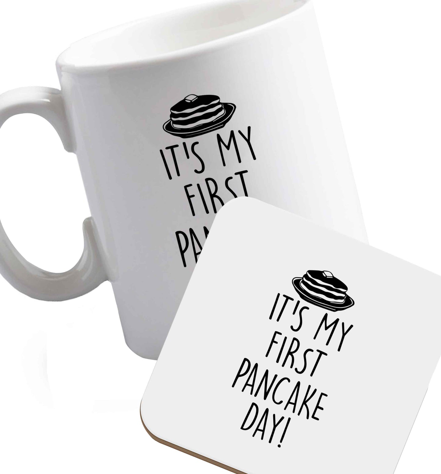 10 oz Favourite Type Pan Pancake ceramic mug and coaster set right handed
