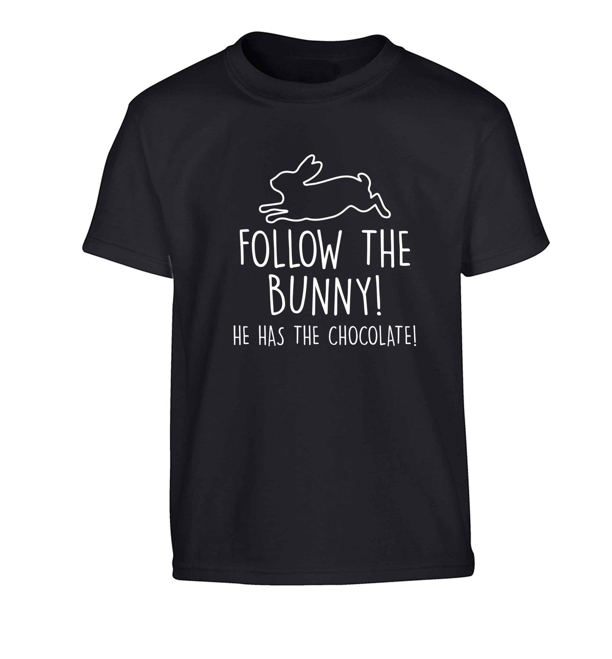 Follow the bunny! He has the chocolate Children's black Tshirt 12-13 Years
