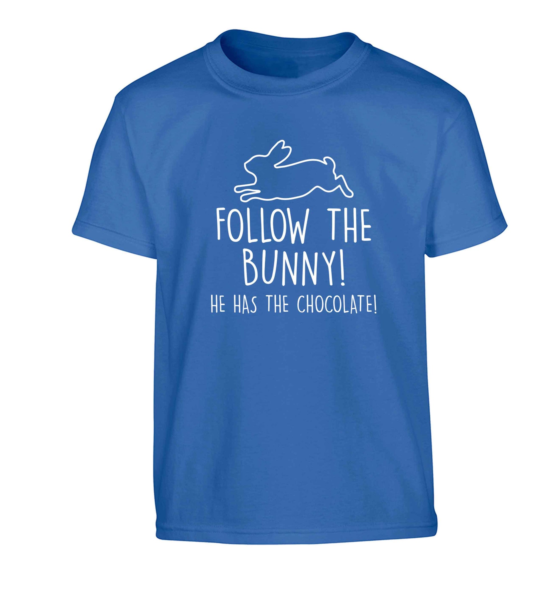 Follow the bunny! He has the chocolate Children's blue Tshirt 12-13 Years