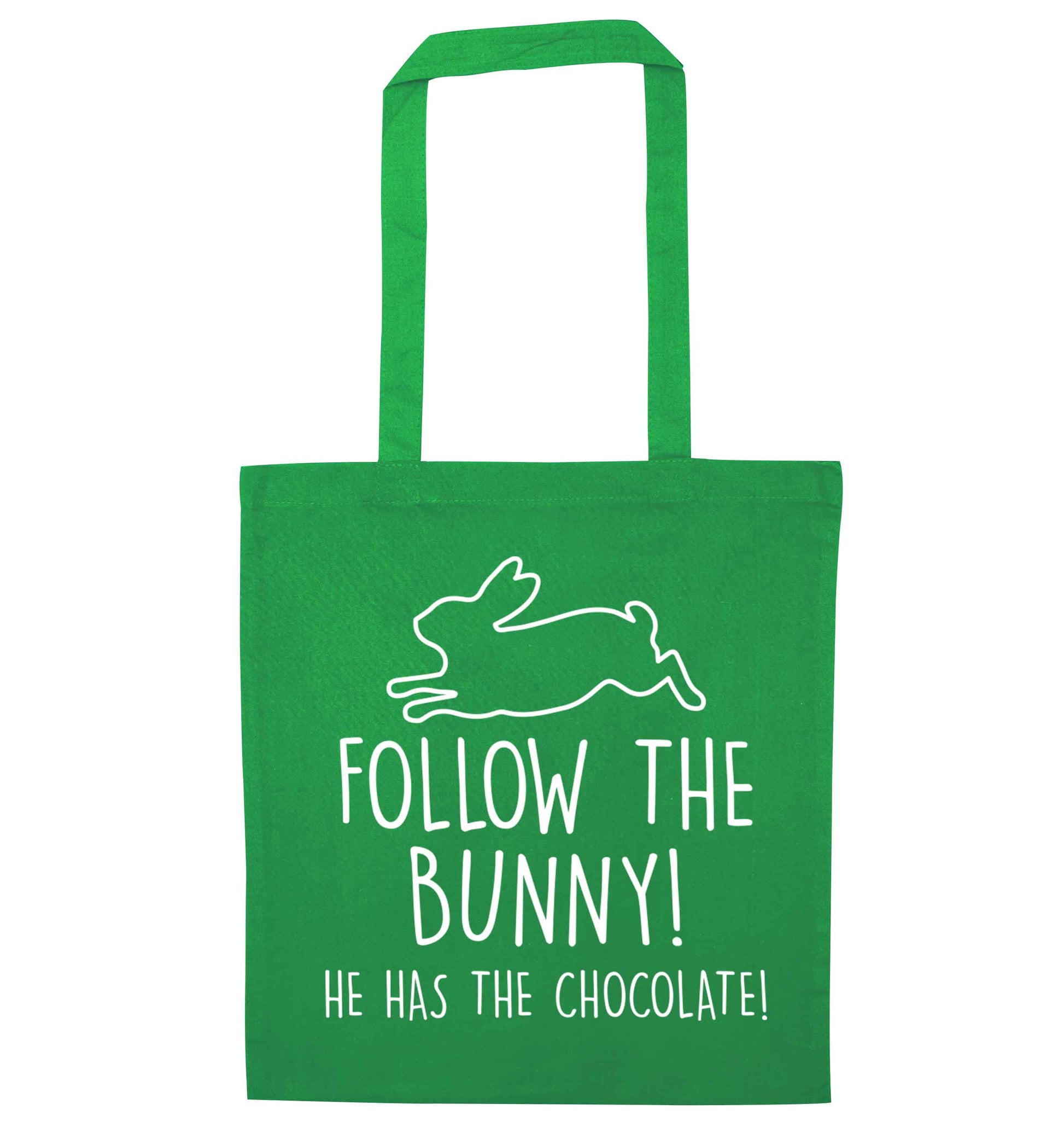 Follow the bunny! He has the chocolate green tote bag