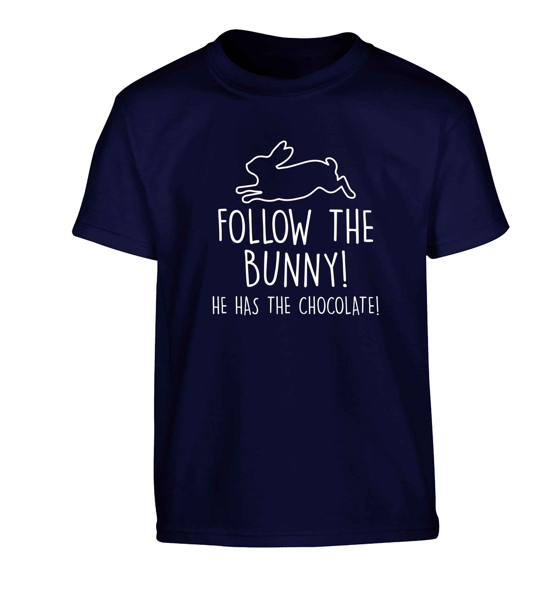 Follow the bunny! He has the chocolate Children's navy Tshirt 12-13 Years
