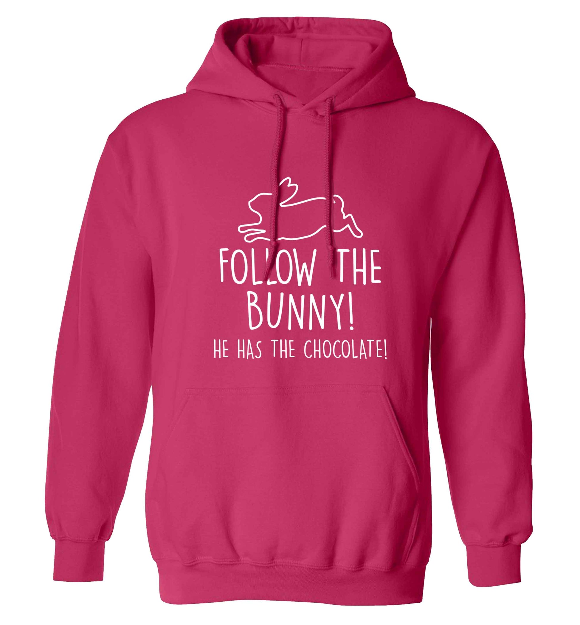 Follow the bunny! He has the chocolate adults unisex pink hoodie 2XL