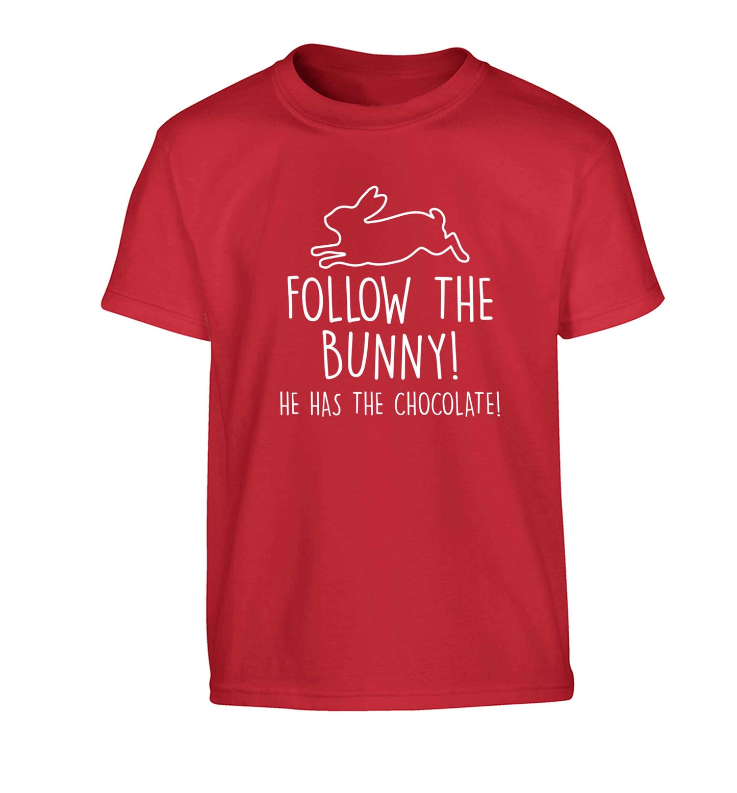 Follow the bunny! He has the chocolate Children's red Tshirt 12-13 Years