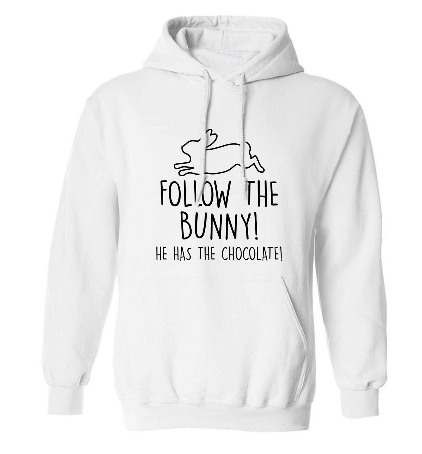 Follow the bunny! He has the chocolate adults unisex white hoodie 2XL
