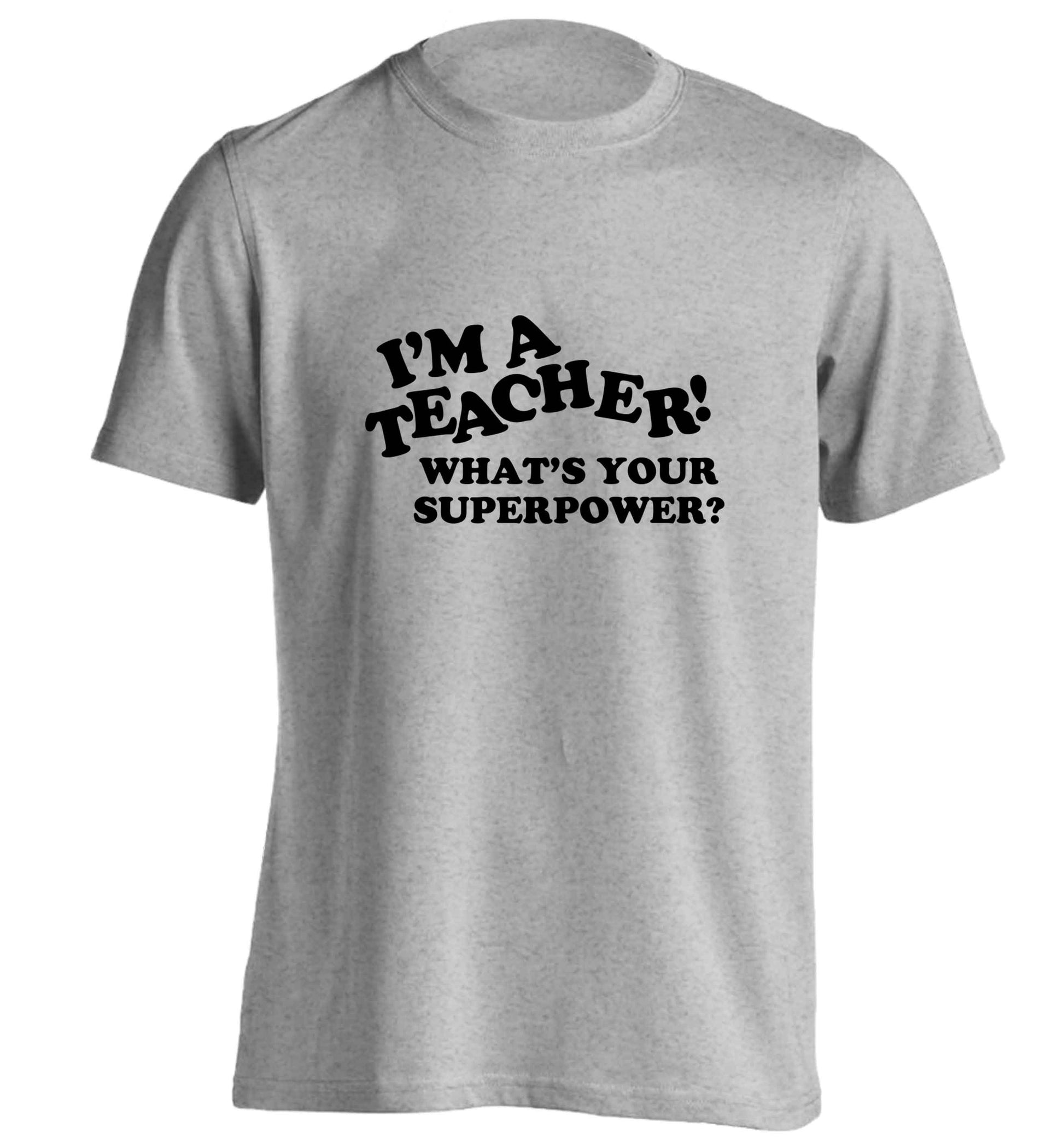 I'm a teacher what's your superpower?! adults unisex grey Tshirt 2XL